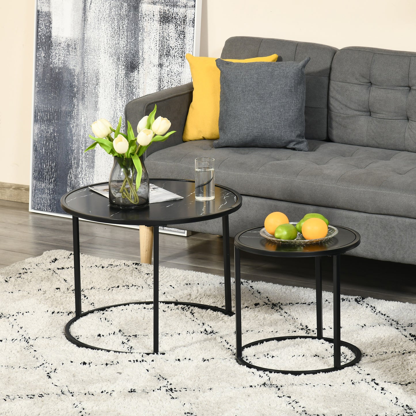 Modern Round Nesting Coffee Table Set, Faux Marble Top, Metal Frame, 2-Piece