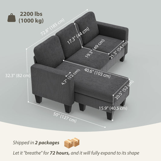 Corduroy L-Shaped Sectional with Reversible Chaise or Ottoman