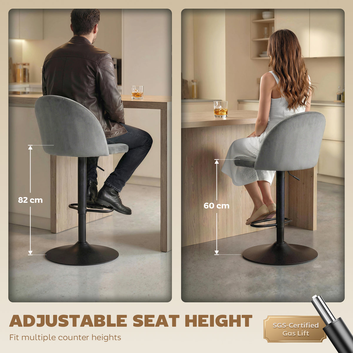 Velvet Swivel Counter Height Bar Stools with Footrest, Set of 2