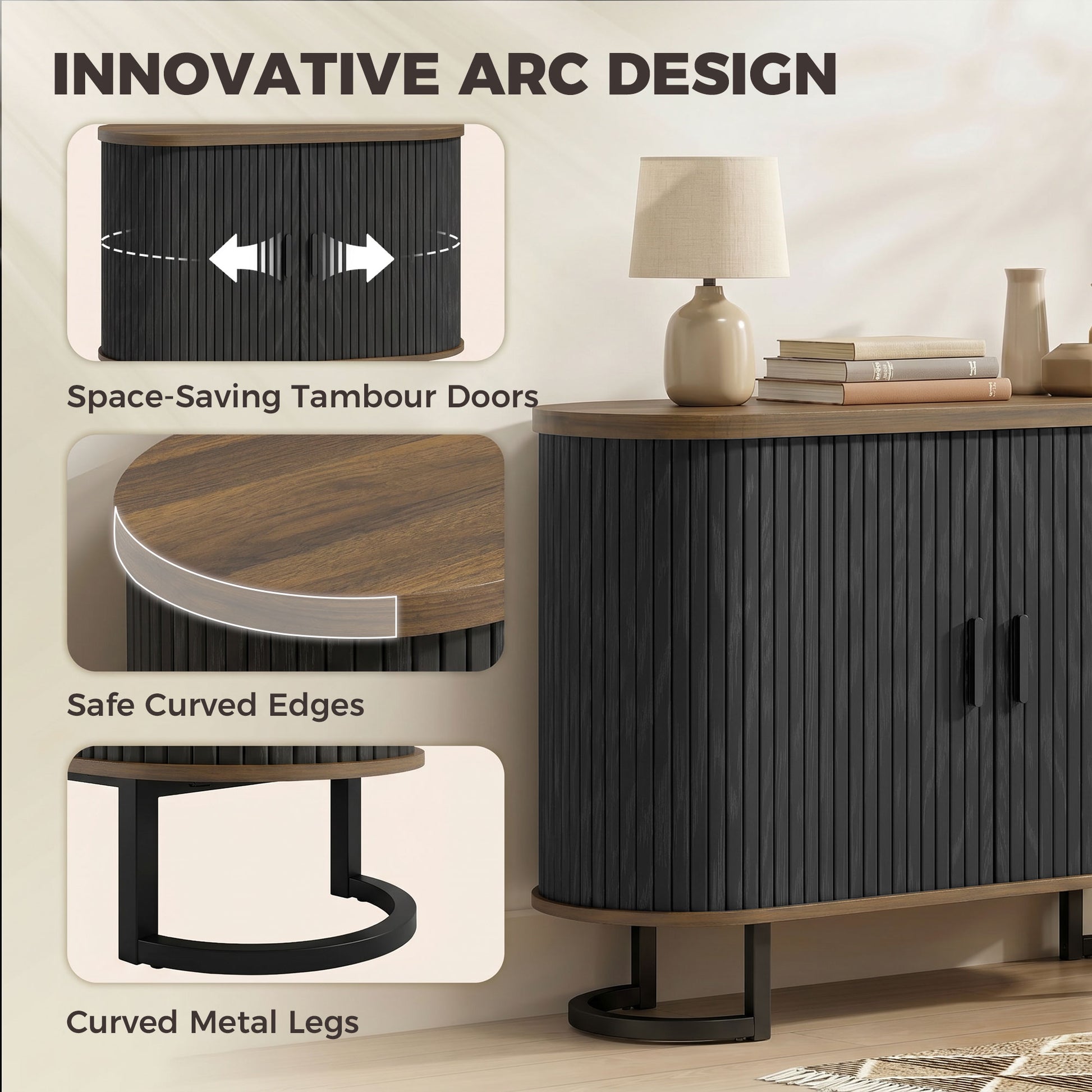 HOMCOM Sideboard Buffet Cabinet Curved Tambour Doors Brown Black