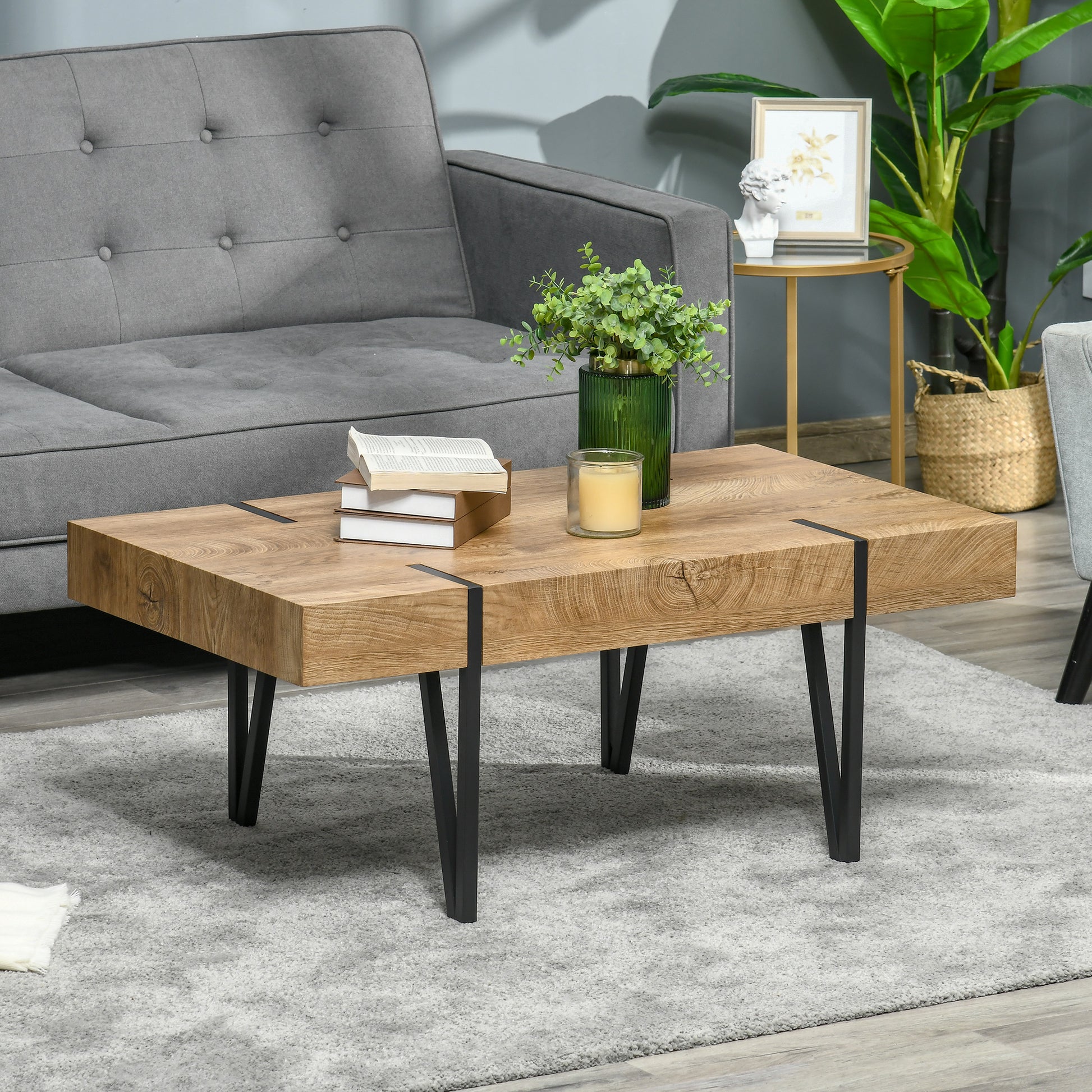 HOMCOM Rustic Rectangle Coffee Table with Steel Hairpin Legs for Home