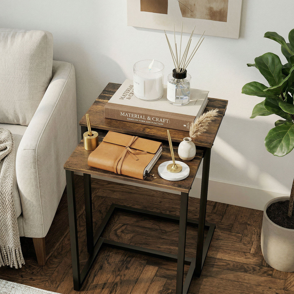 Nesting Side Tables Set of 3 – C-Shaped, Rustic Brown