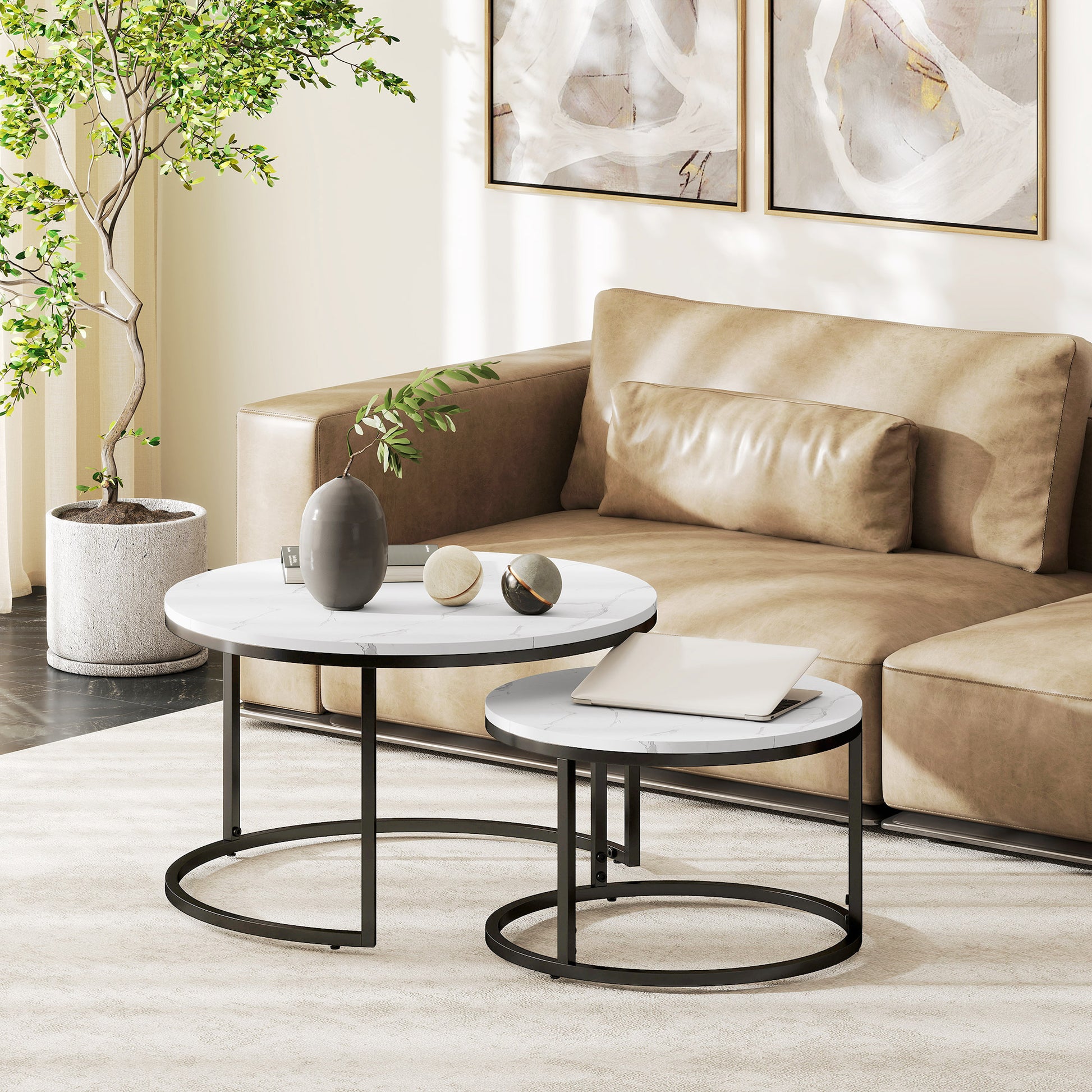 HOMCOM Modern Round Nesting Coffee Tables Set, White Faux Marble Top