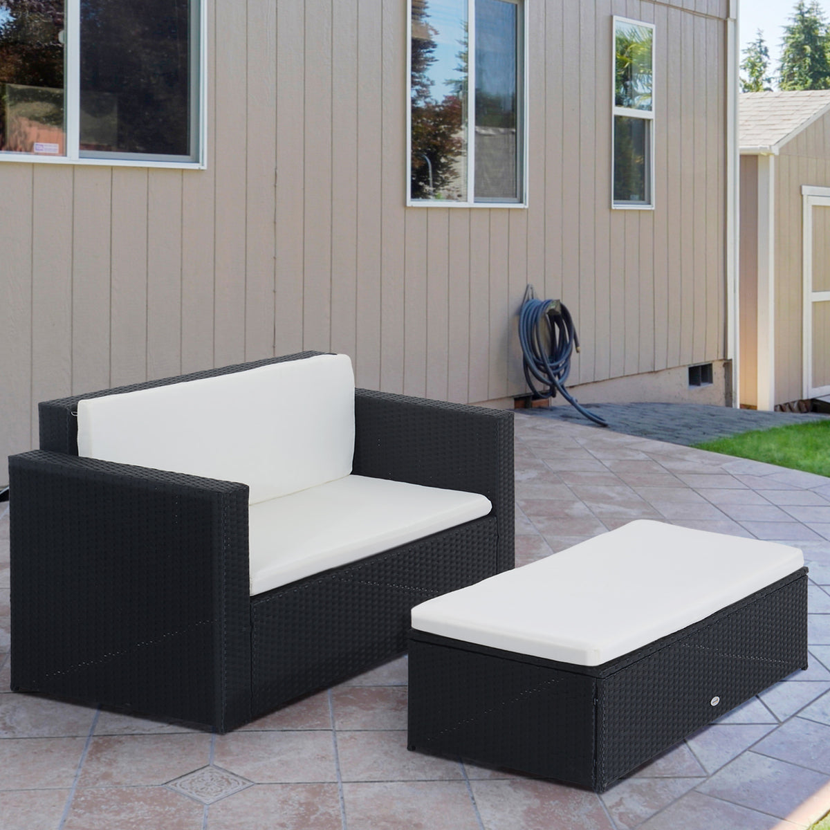 2 Pieces Wicker Patio Furniture Set with Double Ottoman, Outdoor PE Rattan Conversation Set with Loveseat and Two Seat Ottoman