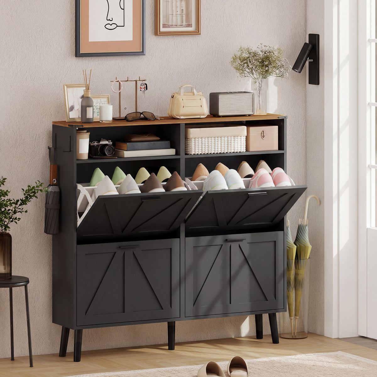 Shoe Storage Cabinet with 4 Flip Drawers – 47"W x 45"H
