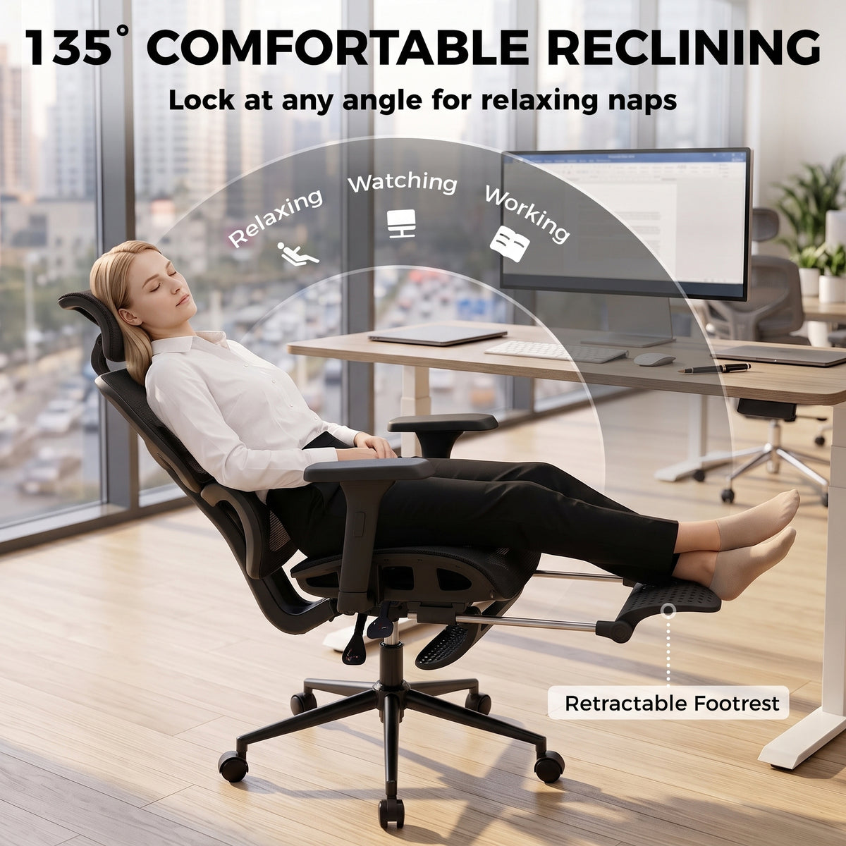 Ergonomic Office Chair with Lumbar Support, 2D Headrest, Mesh Reclining Desk Chair with Footrest, Black