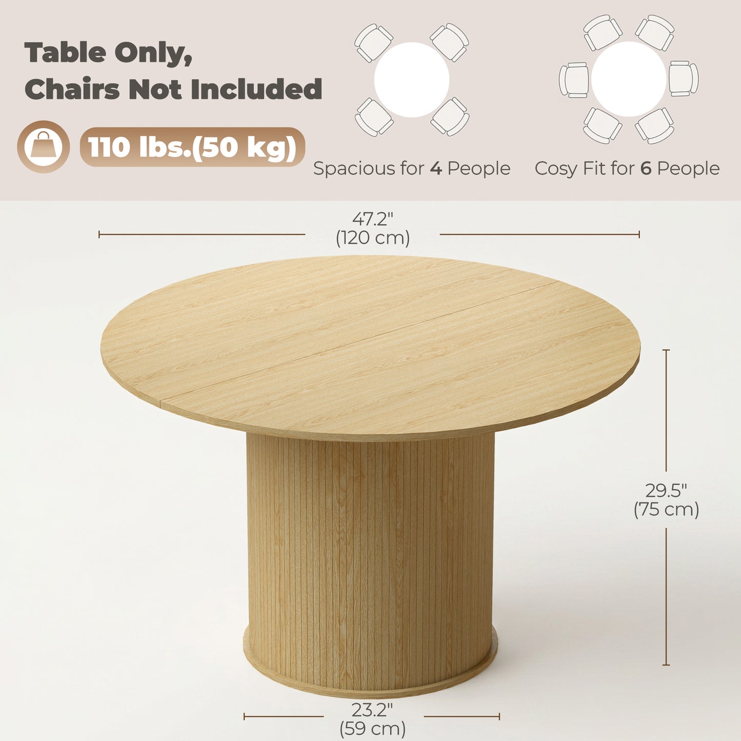 HOMCOM Round Dining Table 47in Natural Wood Pedestal Base
