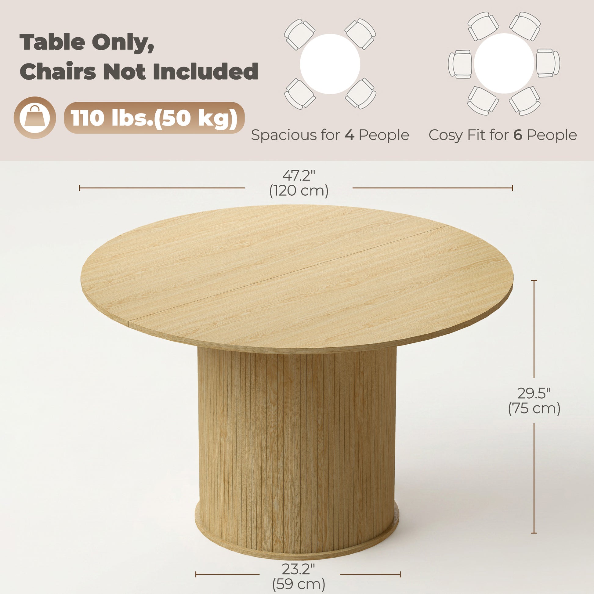 HOMCOM Round Dining Table 47in Natural Wood Pedestal Base