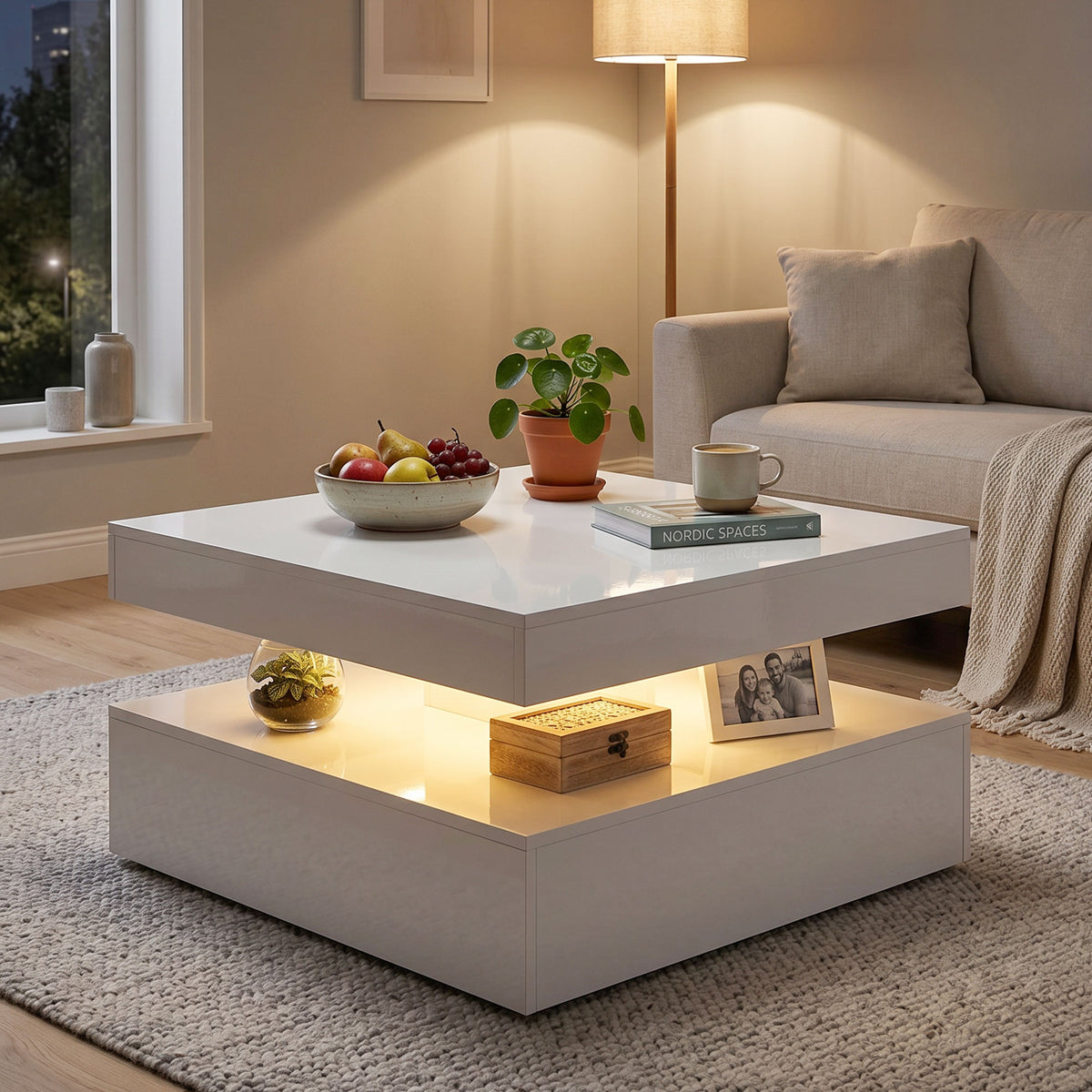 Square LED Coffee Table with 2-Tier Open Storage, High Gloss White