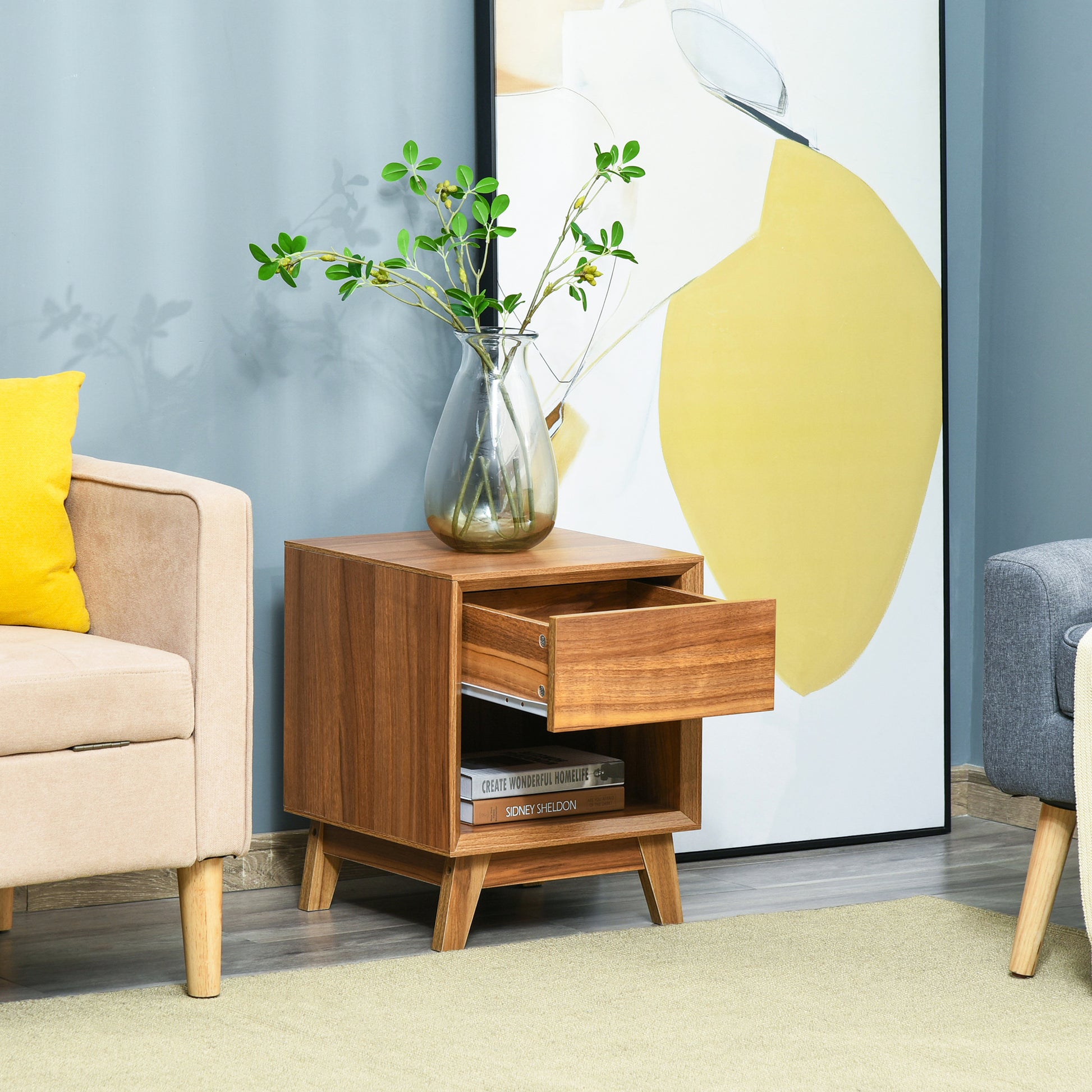 HOMCOM Modern Walnut Bedside Nightstand with Drawer and Open Storage Shelf