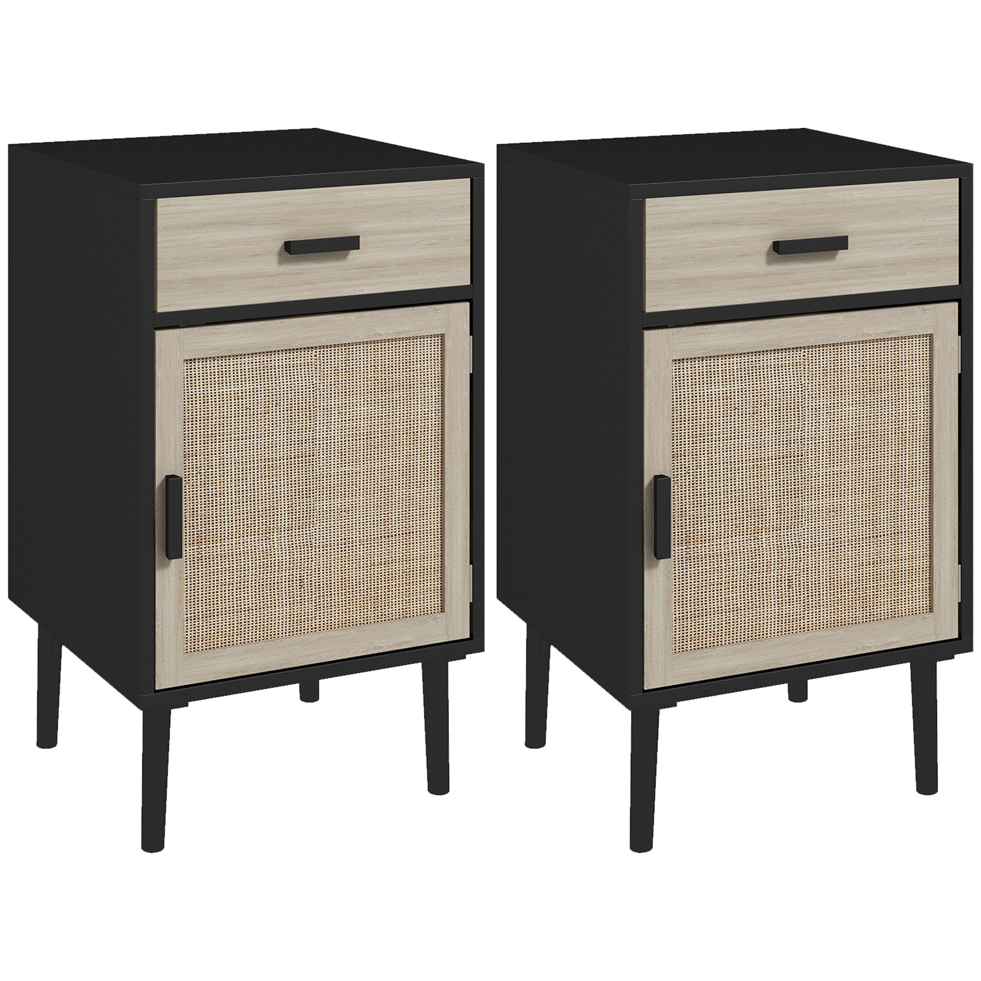 Elegant Dual Boho Rattan Nightstands with Drawer, Adjustable Shelf, Black Finish