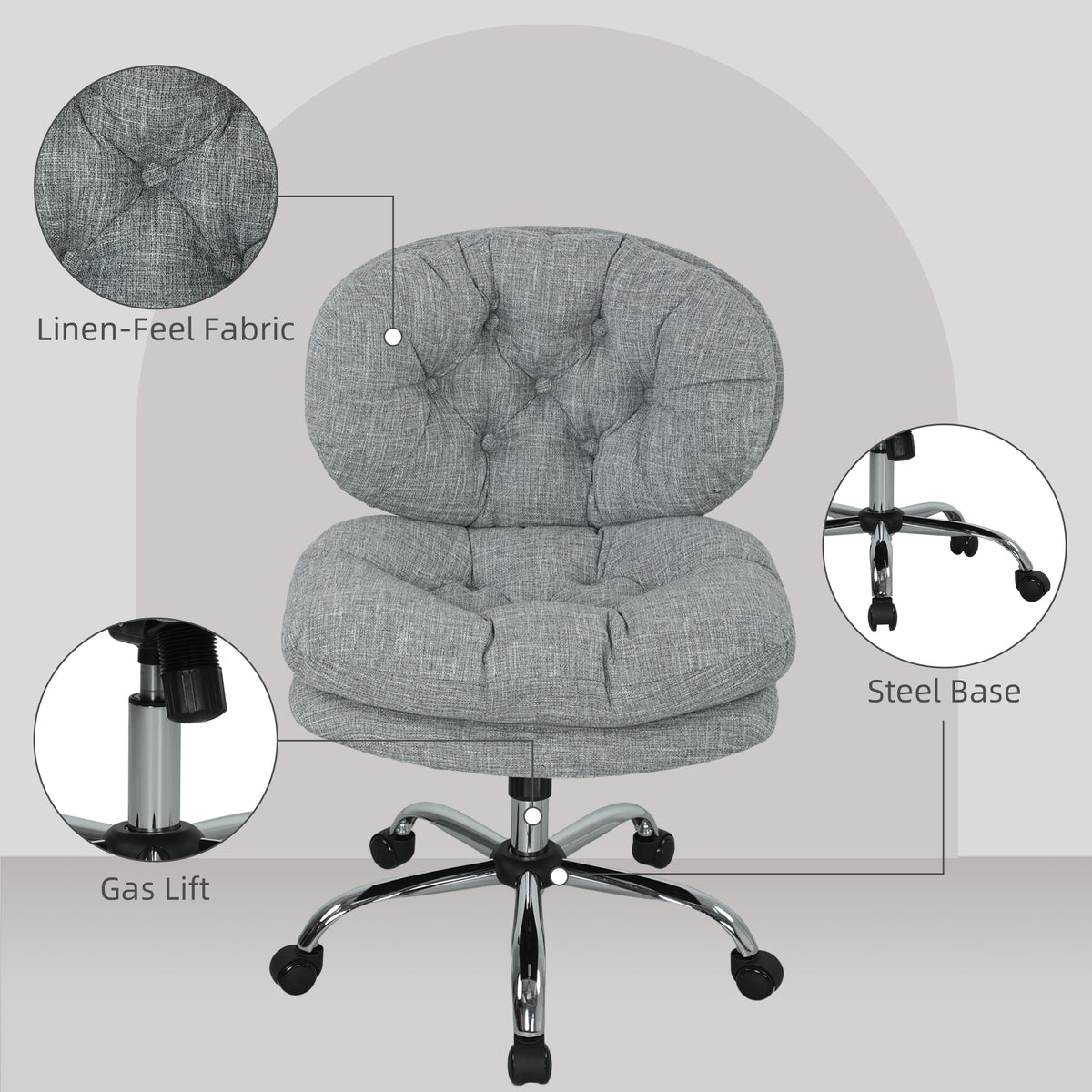 Computer Desk Chair, Armless Office Chair with Wide Padded Seat, Adjustable Height, Tilt Function, Grey