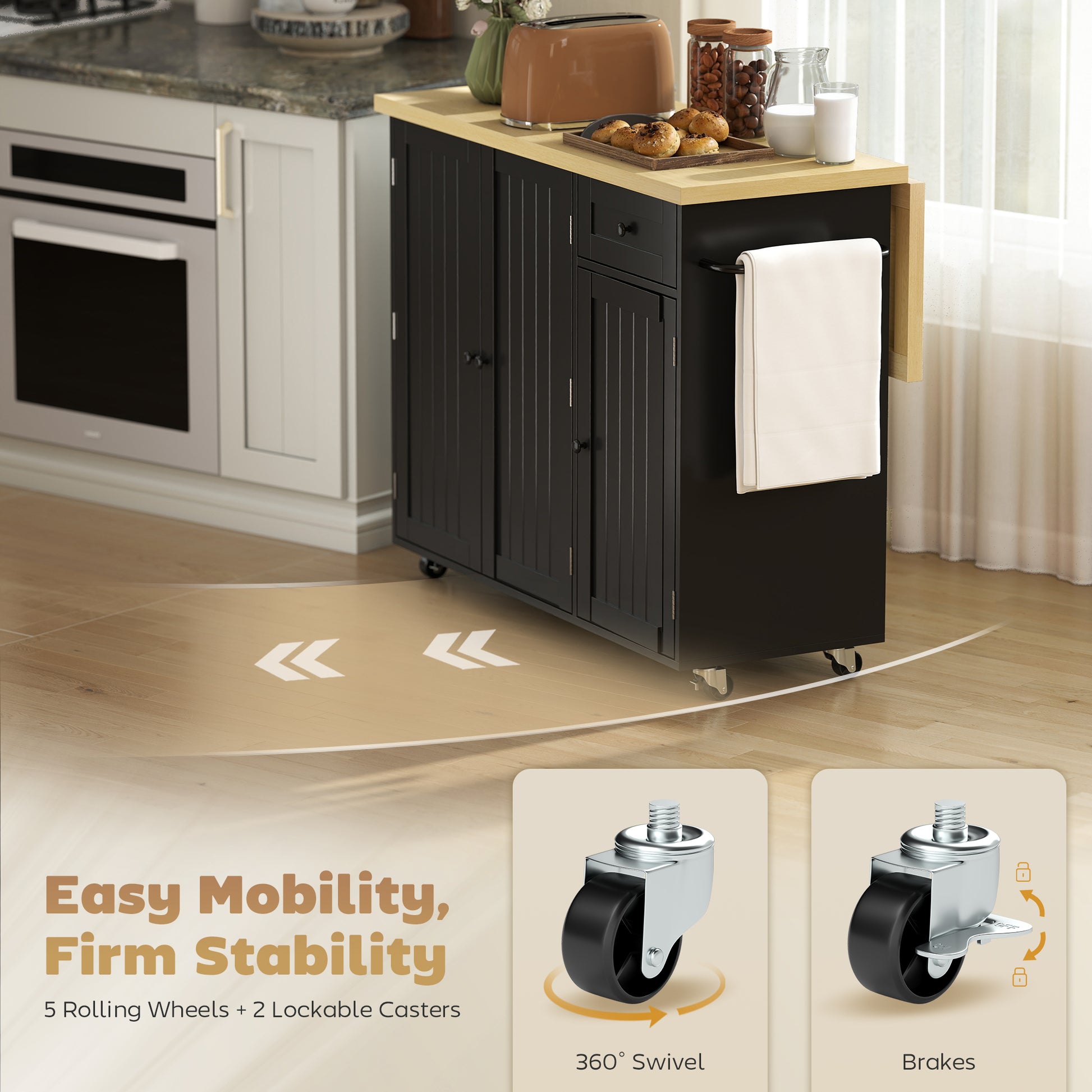HOMCOM Kitchen Island Cart Drop Leaf Drawer Spice Rack Black