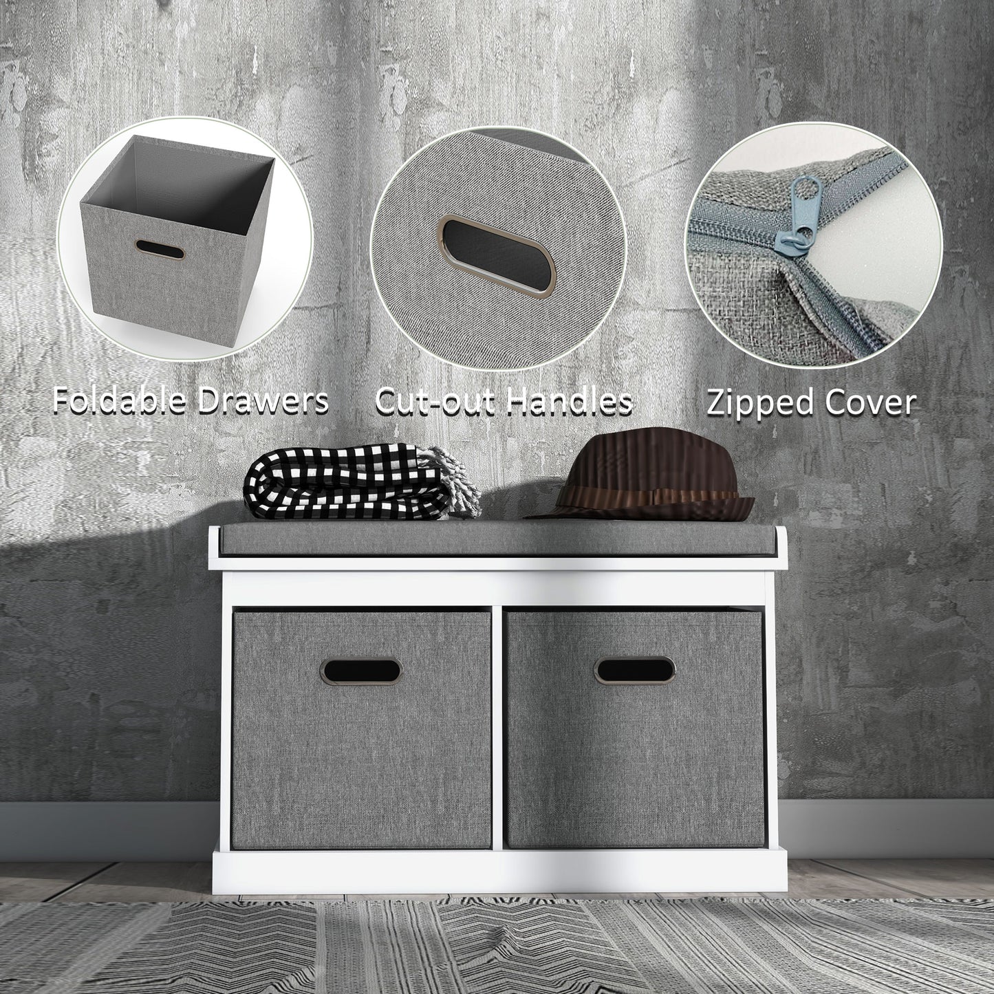 HOMCOM White Entryway Shoe Storage Bench, Comfortable Cushion, Two Fabric Drawers