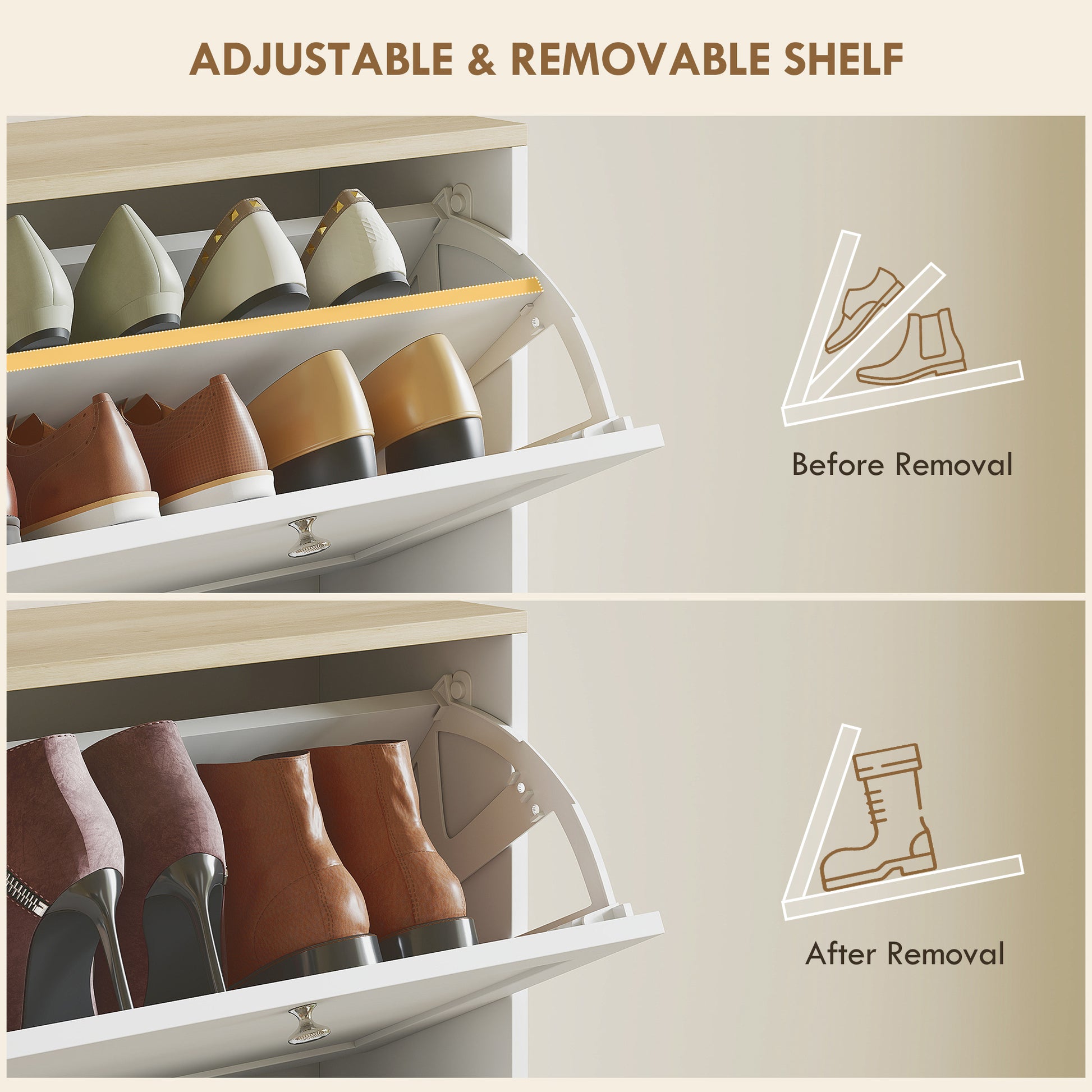 Sleek White Shoe Cabinet, 3 Flip Drawers, Adjustable Shelves, Holds 18 Pairs