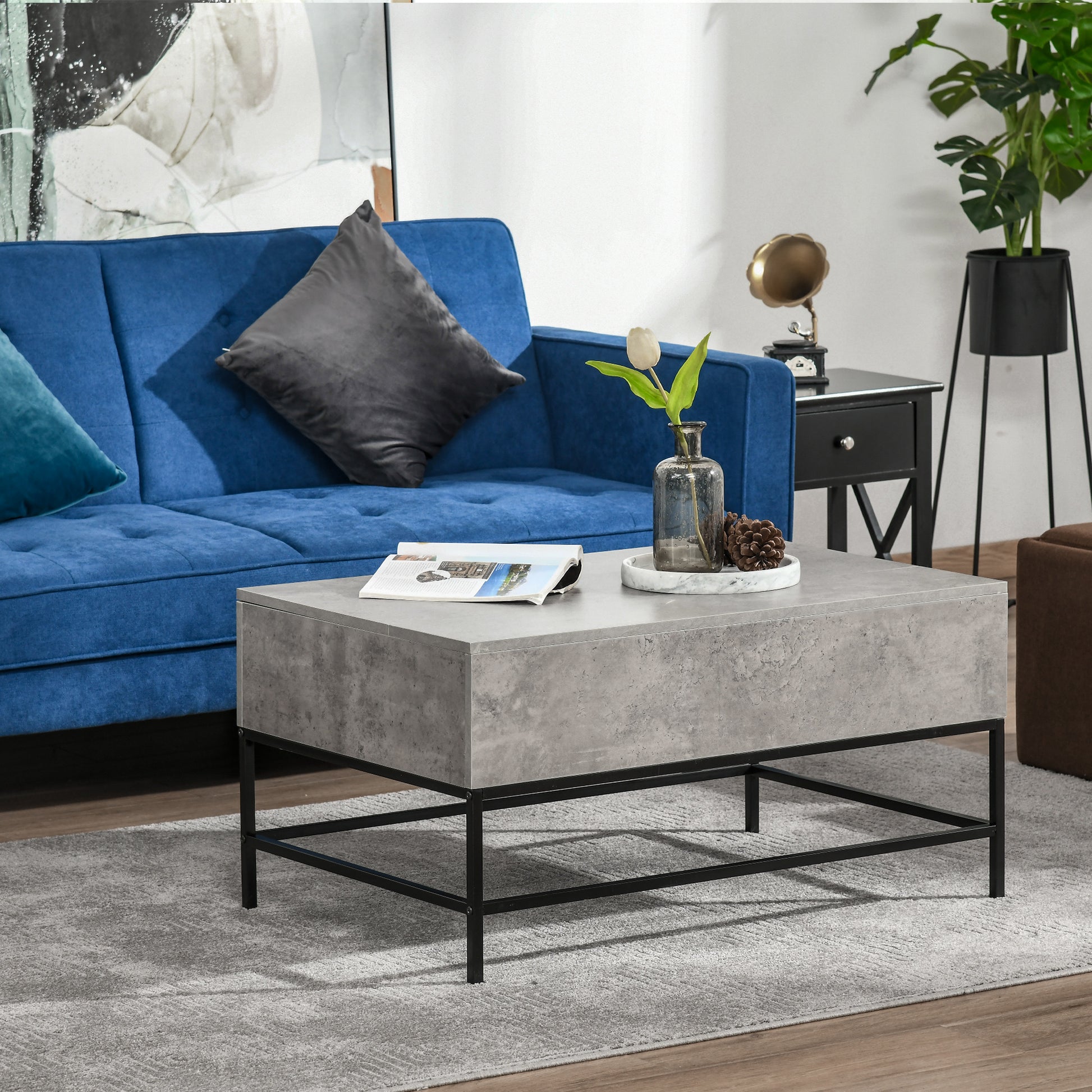 Modern Grey Lift Top Coffee Table with Hidden Storage, Adjustable Height, Faux Marble Finish