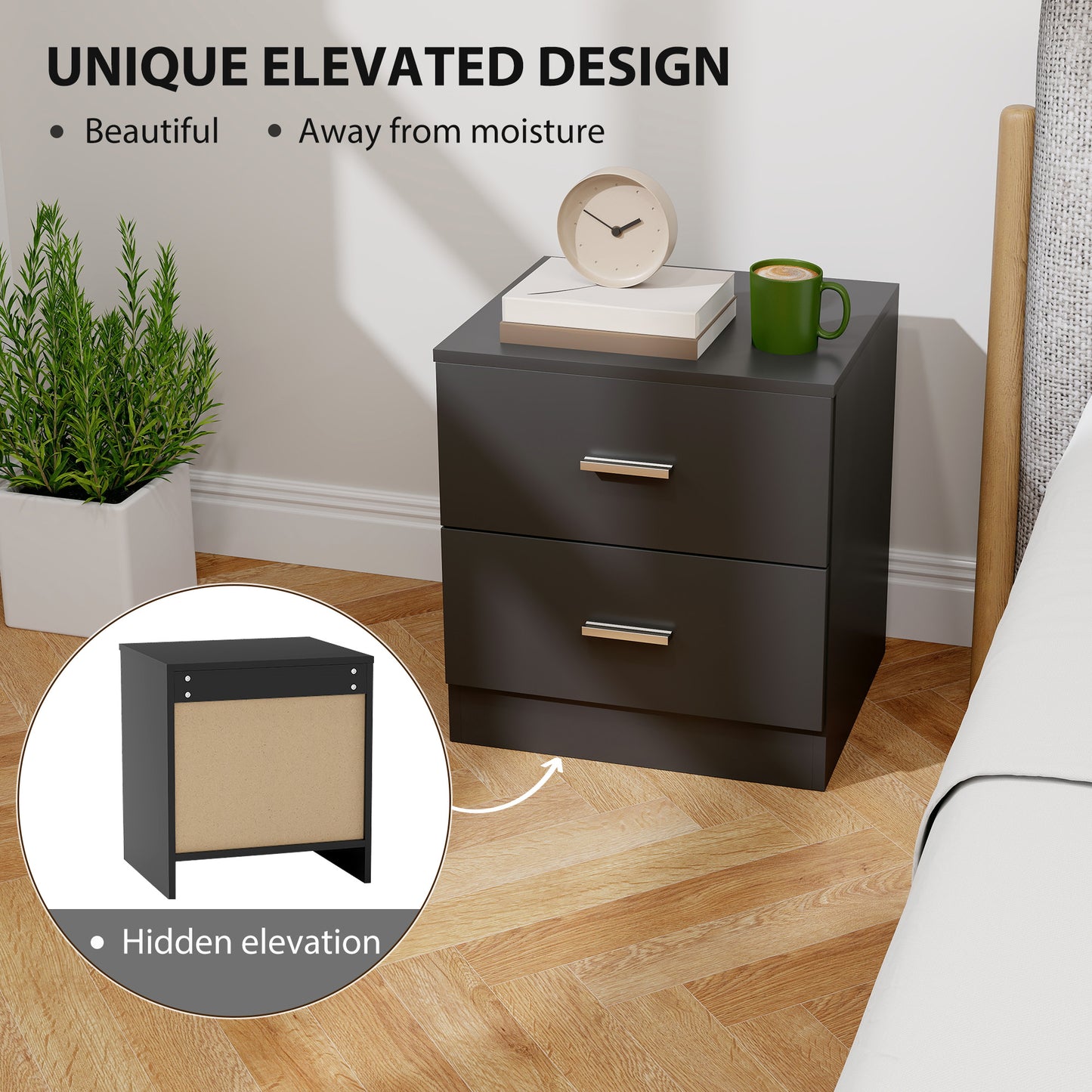 HOMCOM Modern Black 2-Drawer Bedside Table Nightstand for Bedroom Storage