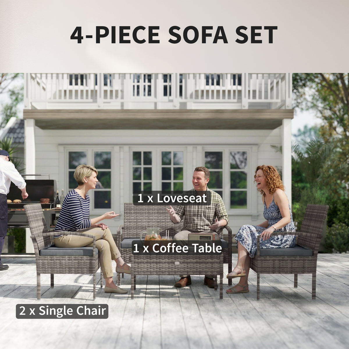 4 Pieces Patio Furniture Set with A Loveseat, Two Armchairs and A Coffee Table, Outdoor Conversation Set – Dark Grey