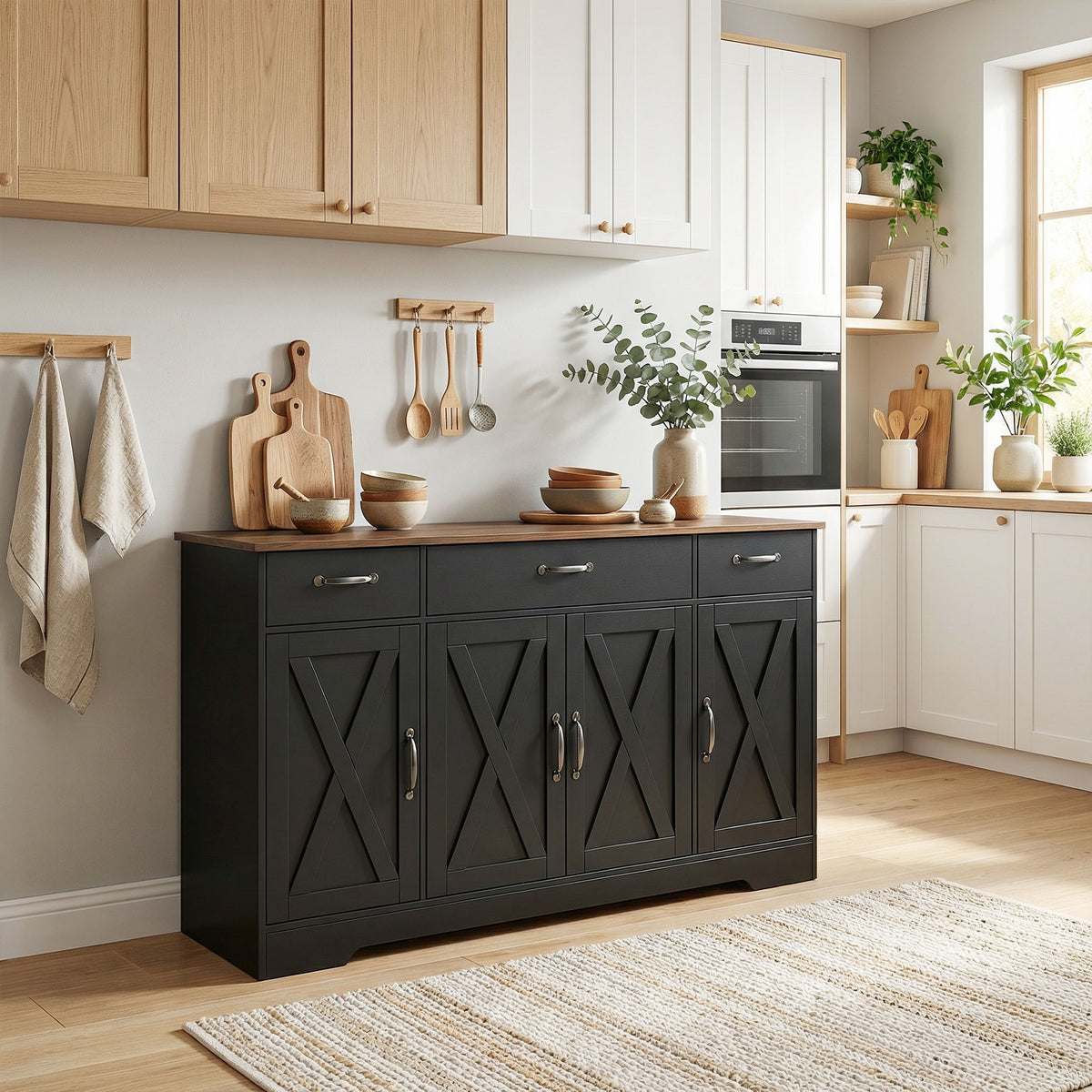 Farmhouse Kitchen Cabinet with 4 Barn Doors – 55"W x 32"H