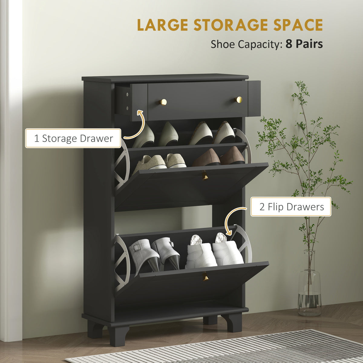 Slim Shoe Storage with 2 Flip Drawers and Adjustable Shelves – 24"W x 39"H