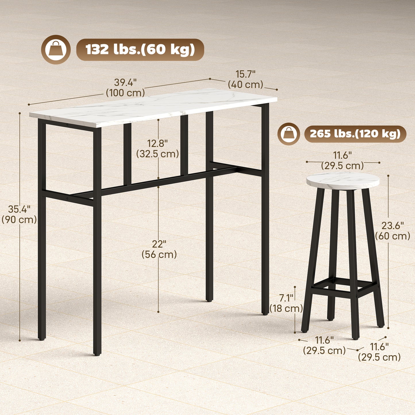 HOMCOM Bar Table Set Industrial Style White Marble