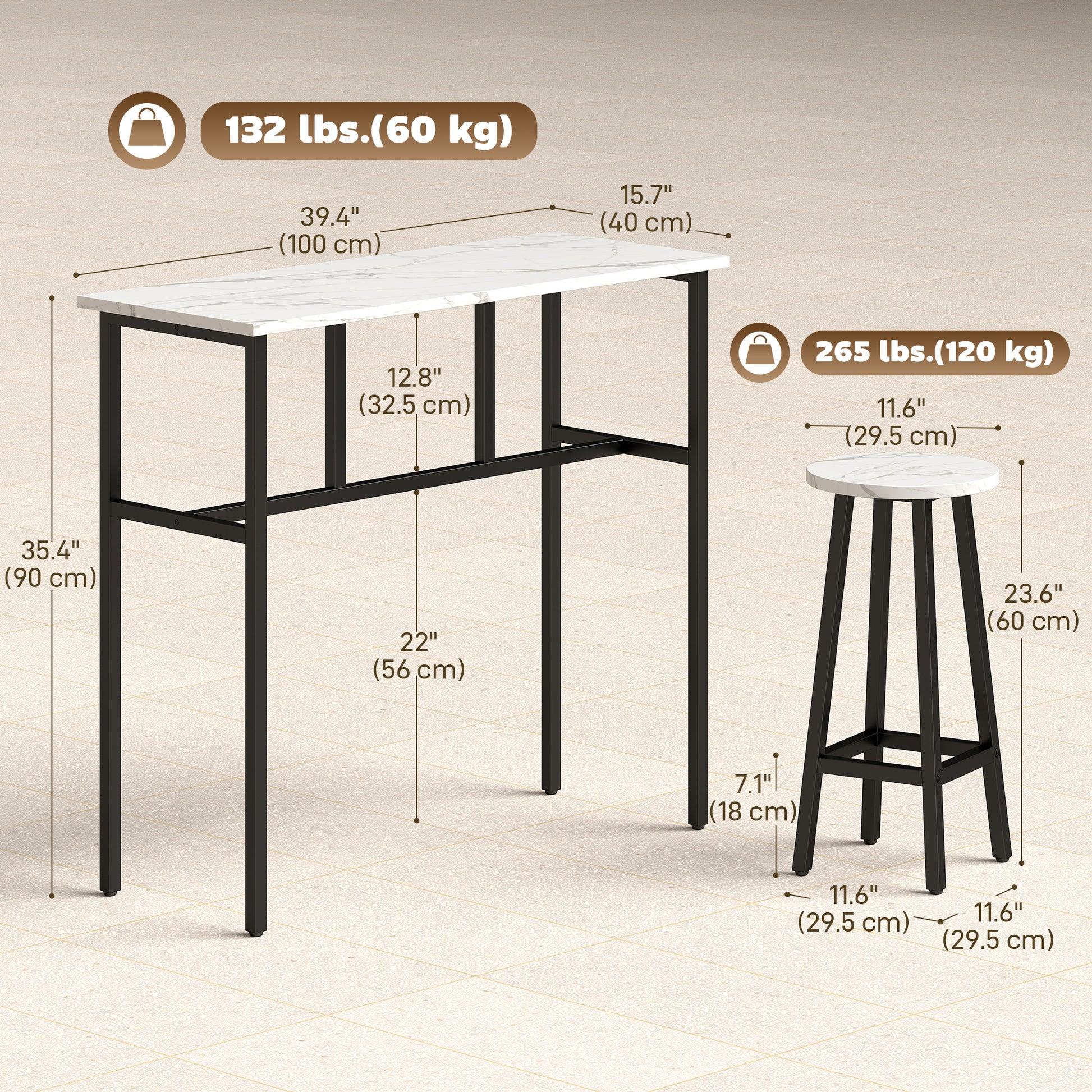 HOMCOM Bar Table Set Industrial Style White Marble