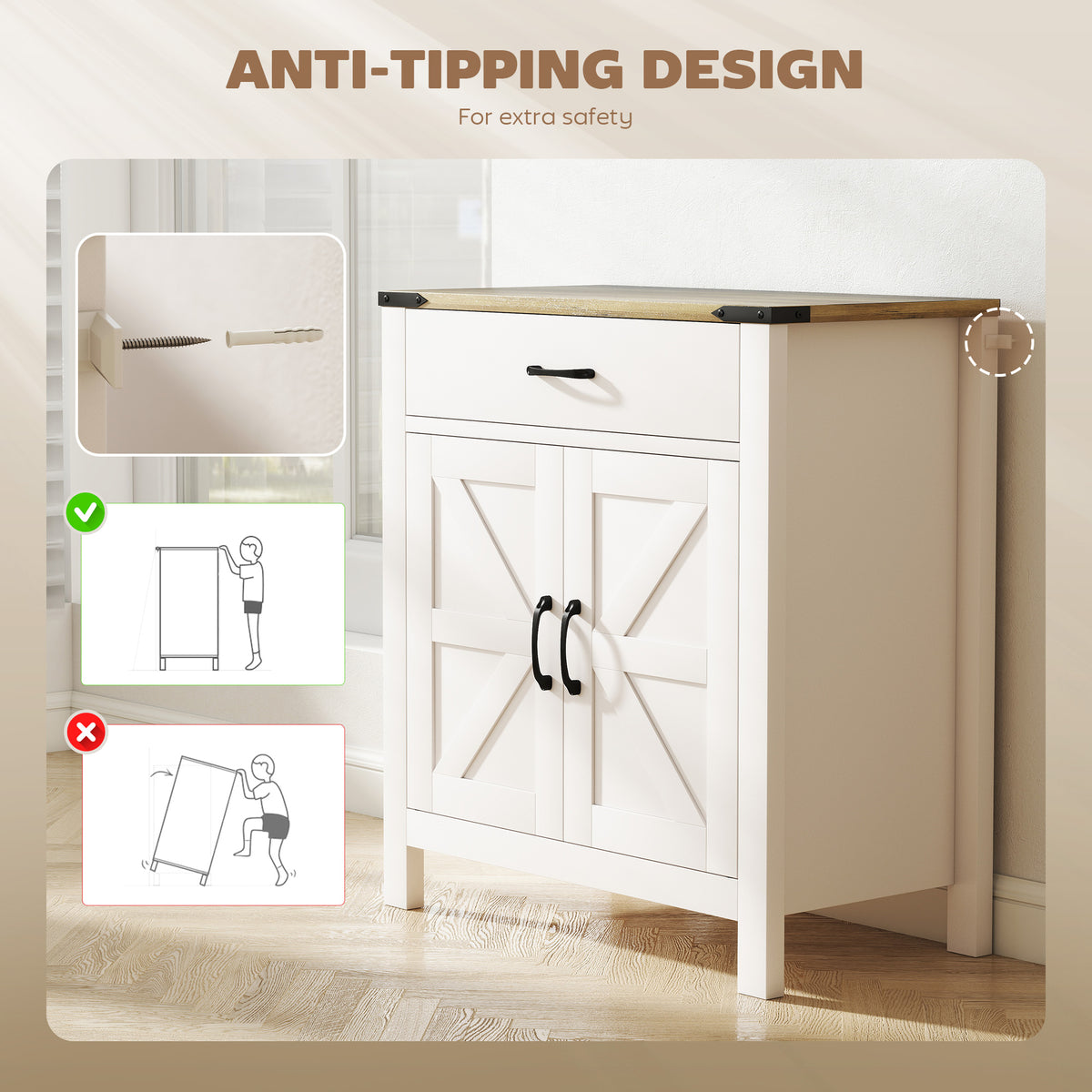 Farmhouse Kitchen Storage Cabinet with Drawer and Shelf – 31"W x 33"H