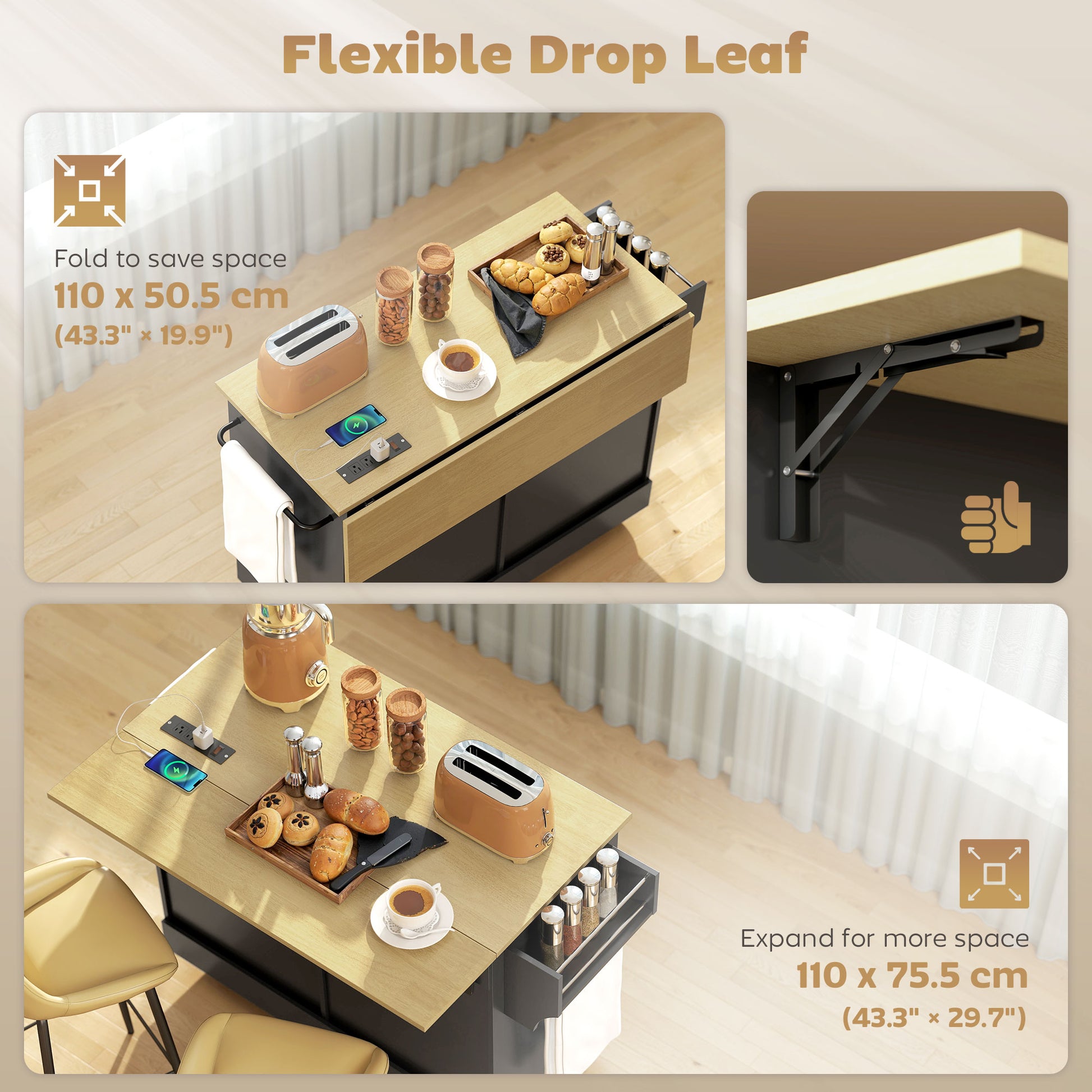 HOMCOM Kitchen Island Cart Charging Station Drop Leaf Black