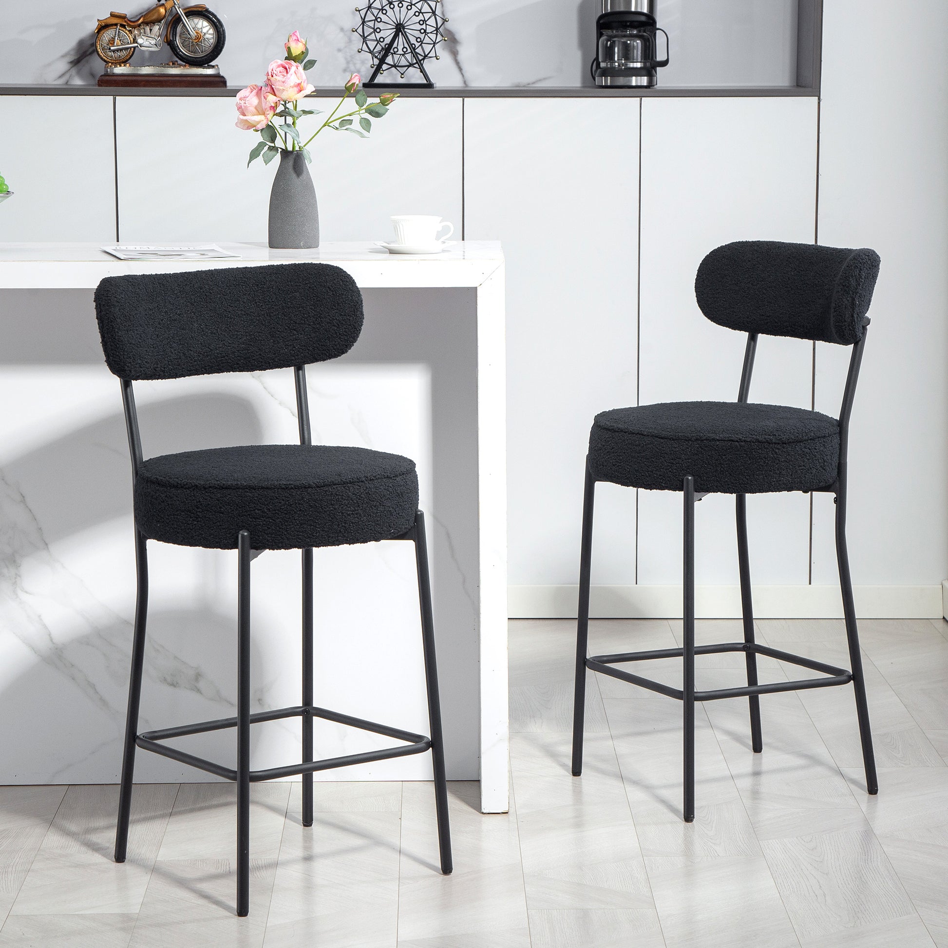HOMCOM Set of 2 Modern Black Sherpa Bar Stools - Backrest, Footrest, Upholstered Comfort