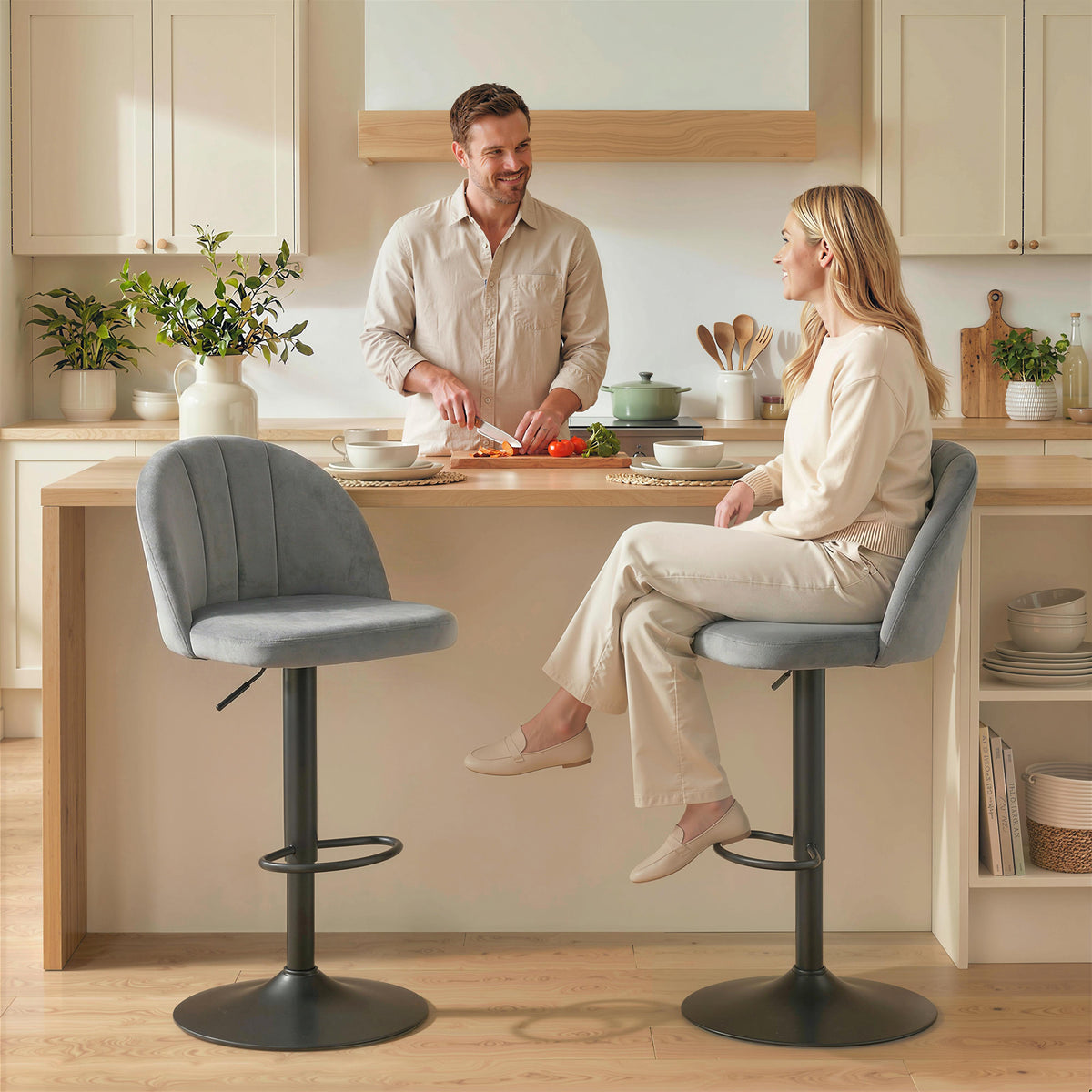 Velvet Swivel Counter Height Bar Stools with Footrest, Set of 2