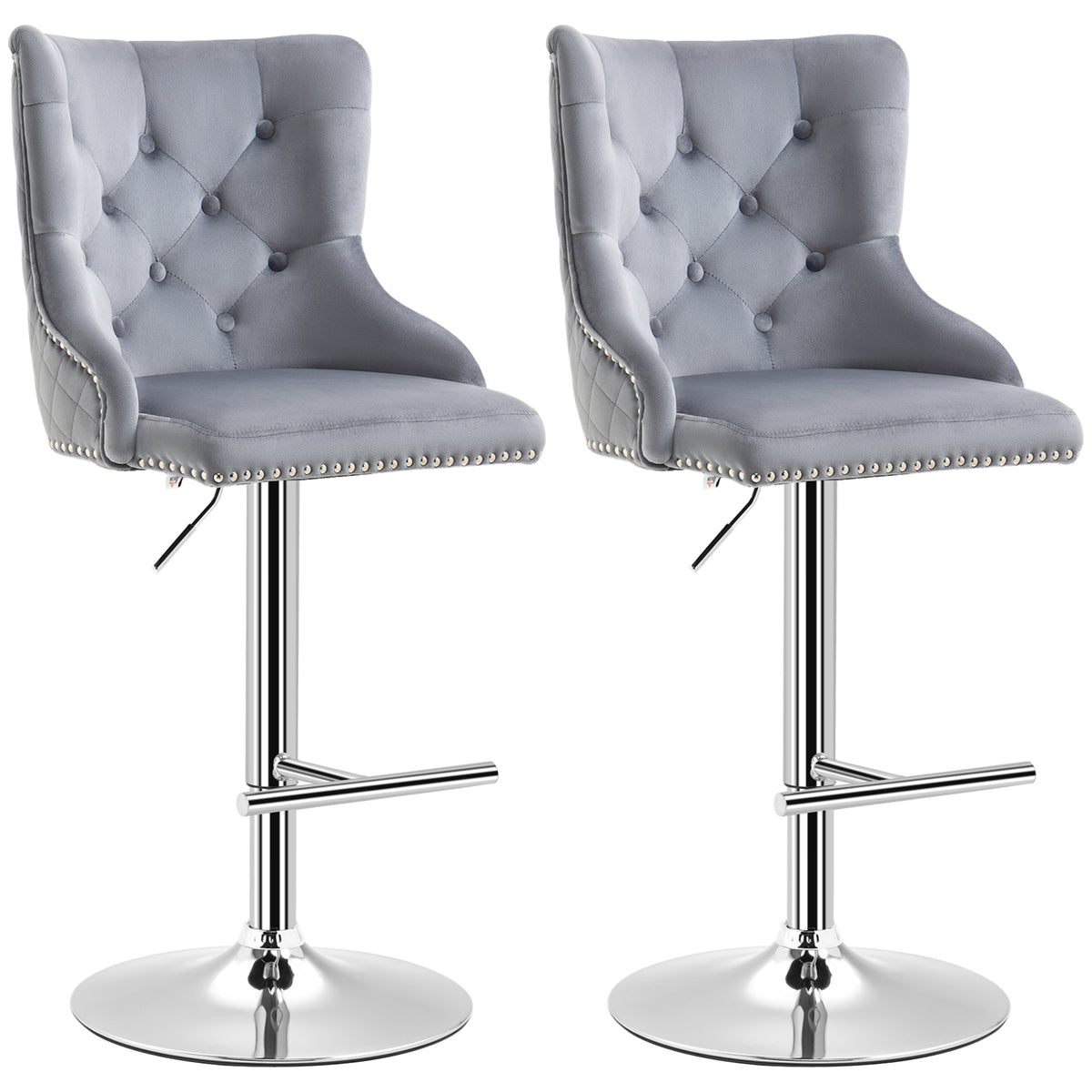 Button-Tufted Velvet Wingback Swivel Bar Stools with Nailhead Trim, Set of 2, Grey
