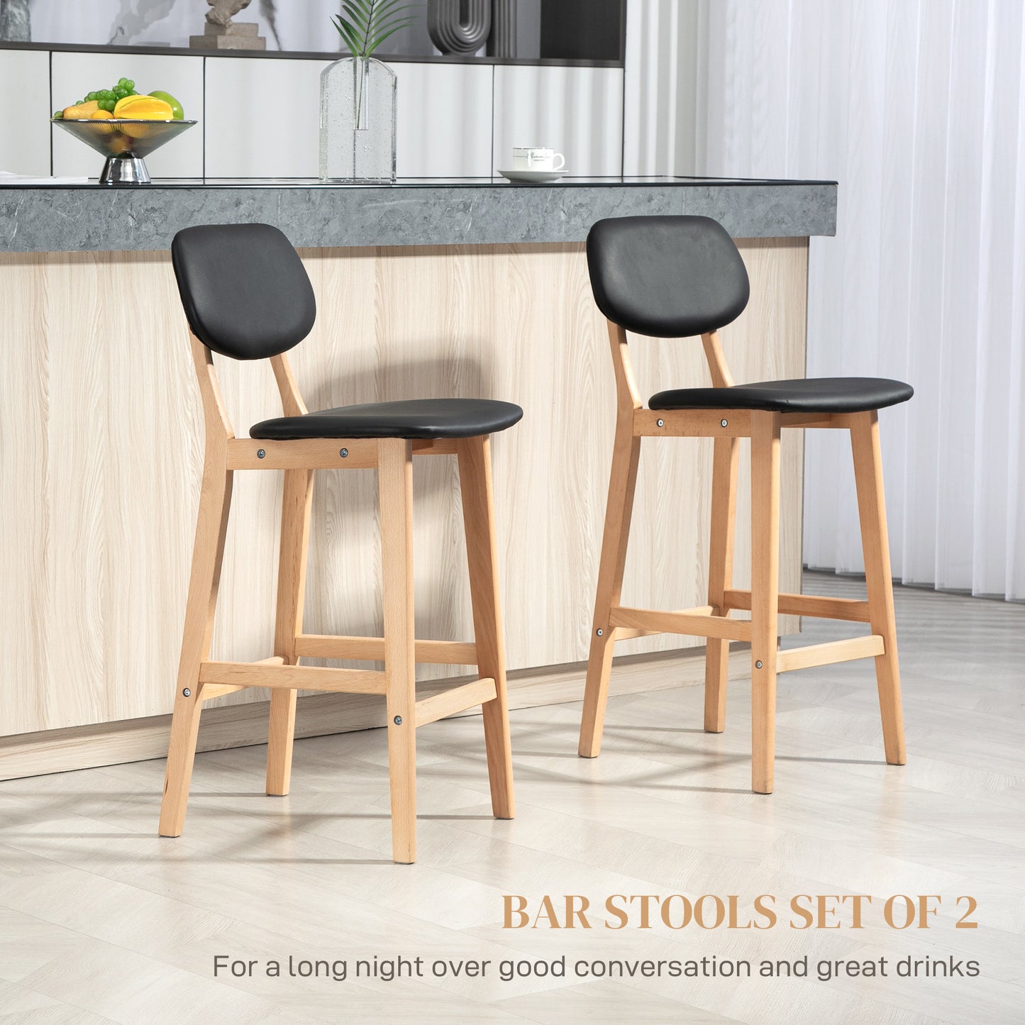 HOMCOM Set of 2 Black PU Leather Counter Height Bar Stools Solid Wood