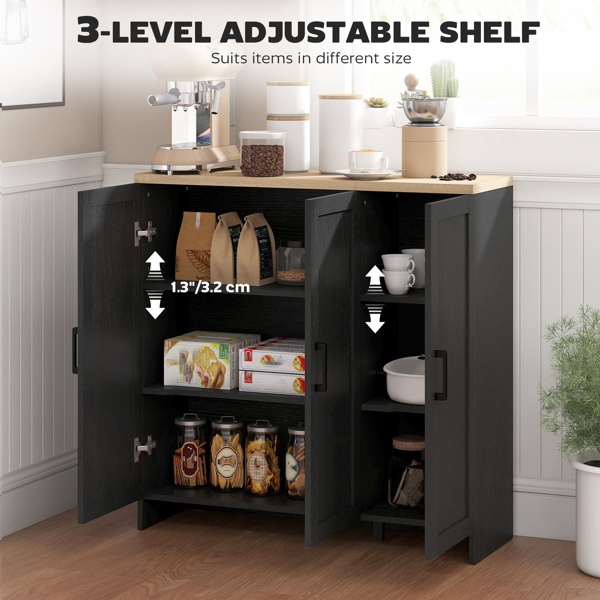 Modern Kitchen Storage Cabinet with 3 Doors Adjustable Shelves – 35"W x 35"H