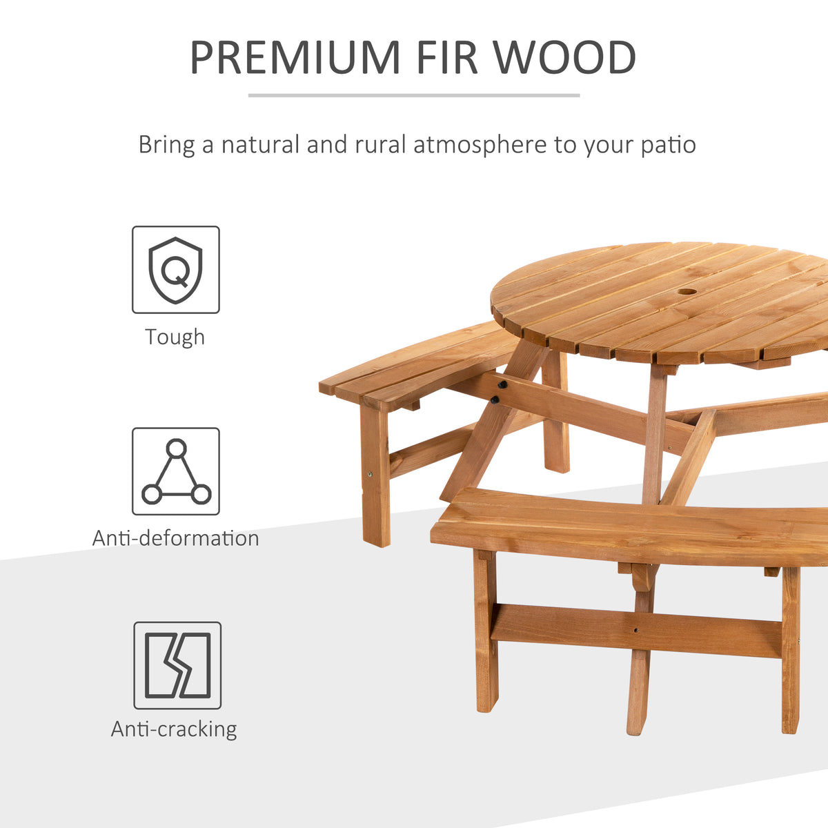 6 Person Round Picnic Table Bench Set with Umbrella Hole, Wood Patio Table with 3 Built-in Benches for Garden, Deck, Backyard – Brown