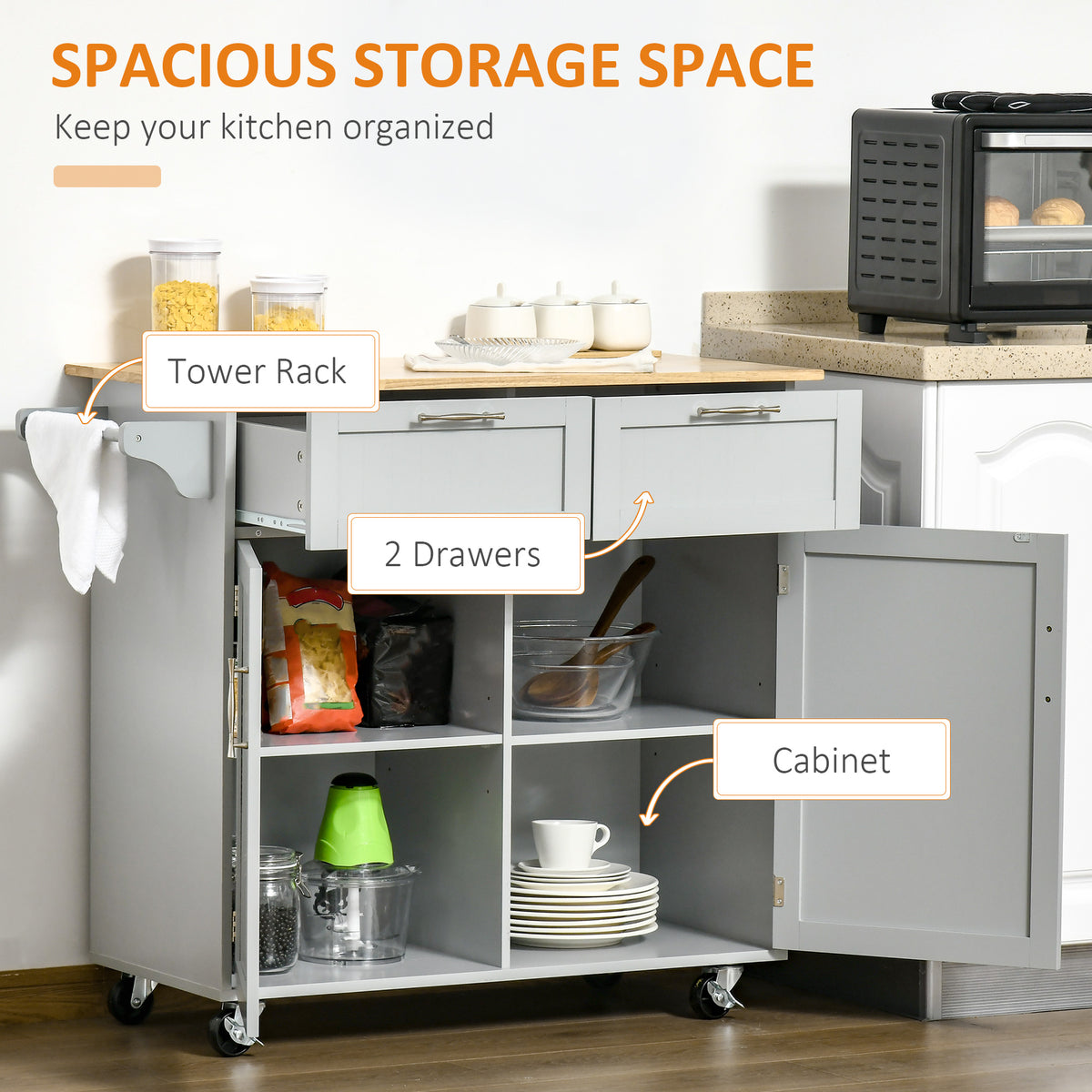 Kitchen Cart on Wheels with 2 Storage Drawers – 41"W x 36"H