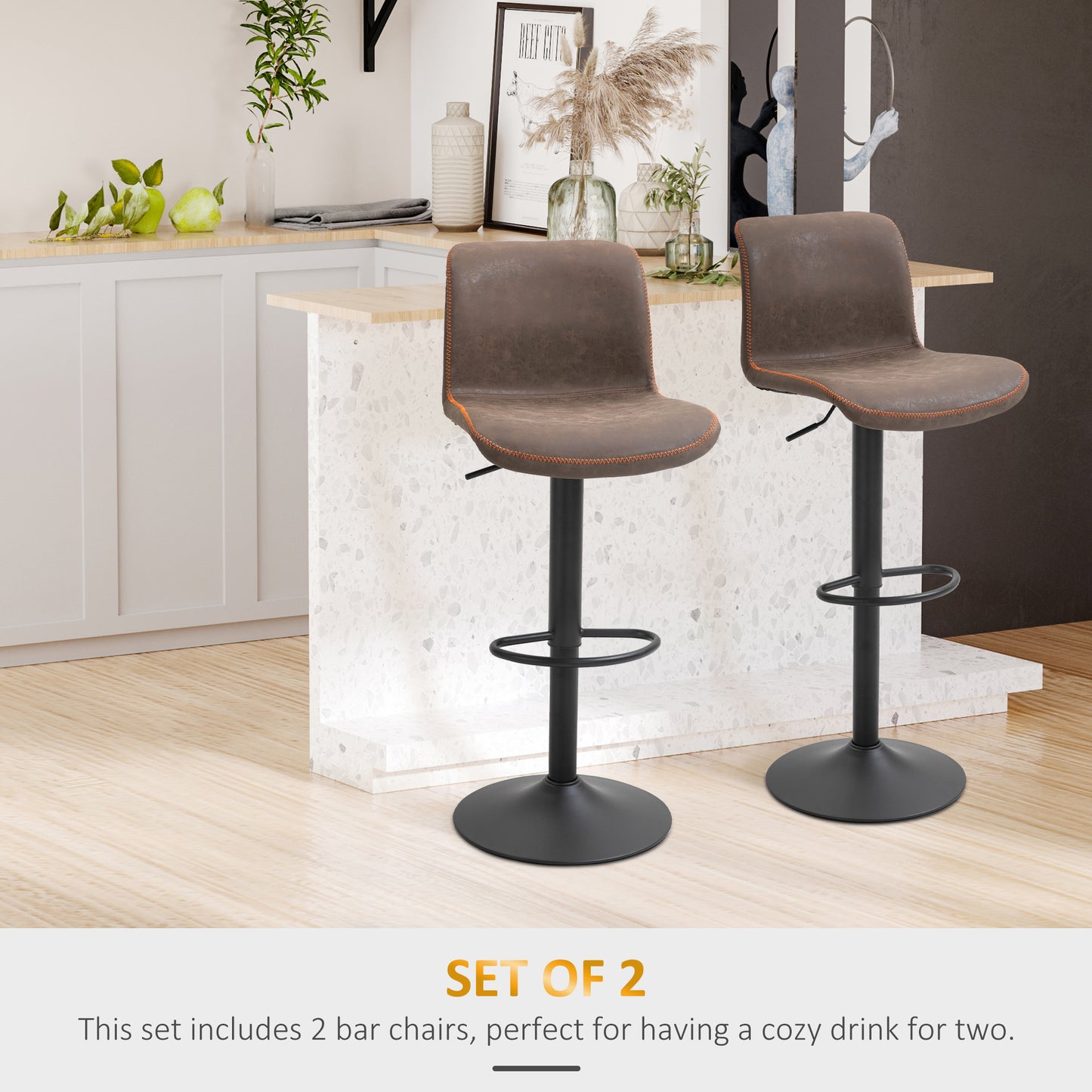 HOMCOM 2-Piece Swivel Brown PU Leather Adjustable Counter Height Bar Stools