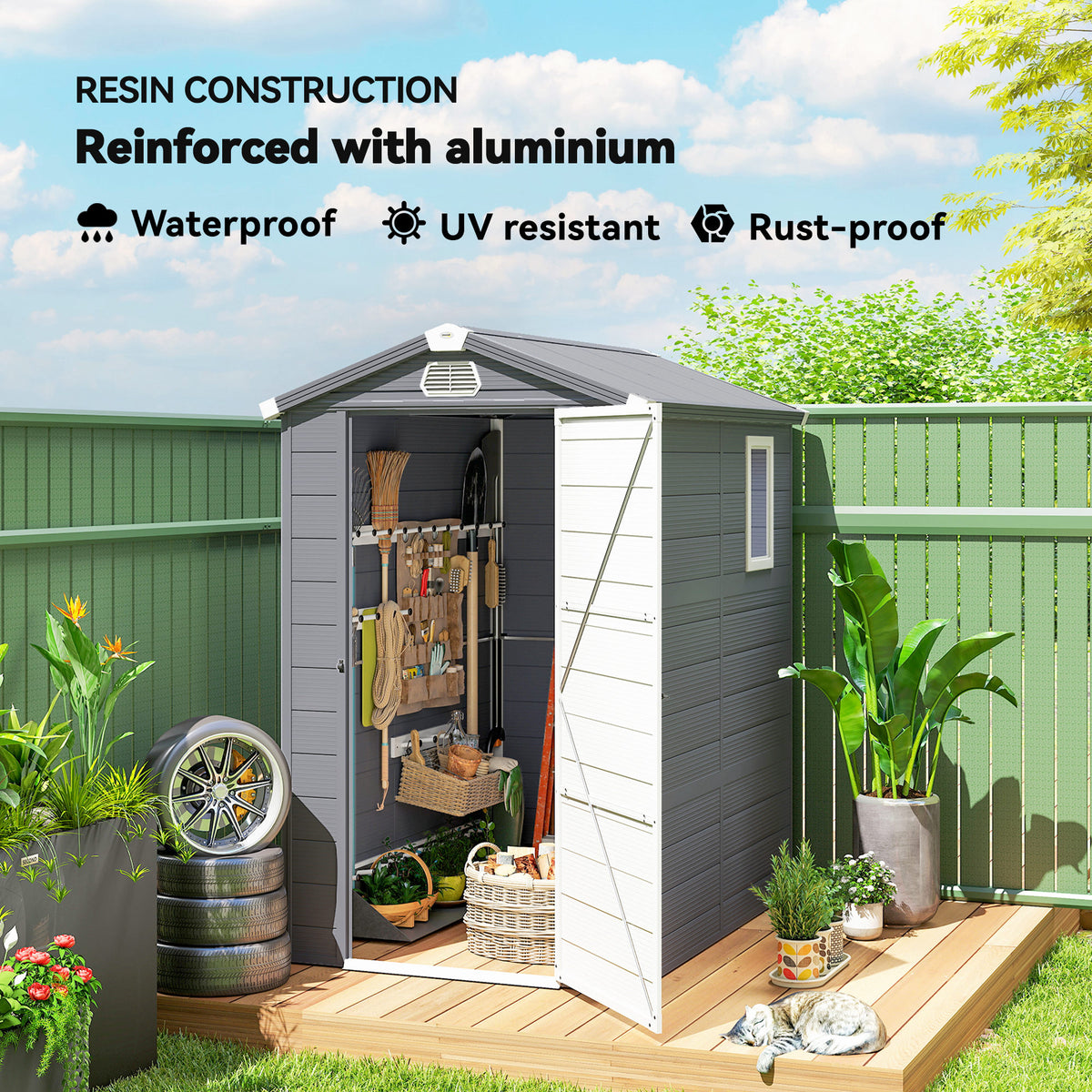 4.5' x 6' Garden Storage Shed with Latch Door, Vents, Sloped Roof – Light Grey