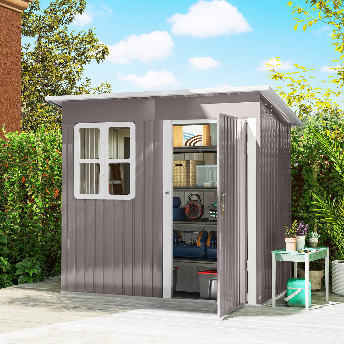 7' x 4' Galvanised Steel Outdoor Storage Shed, Garden Shed with Window, Lockable Wide Door and Air Vents – 87" W x 52.4" D x 68.1" /74.8" H