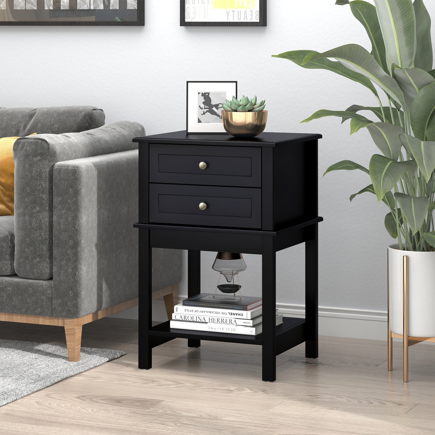 HOMCOM Modern Black Sofa Side Table with Drawers & Storage Shelf