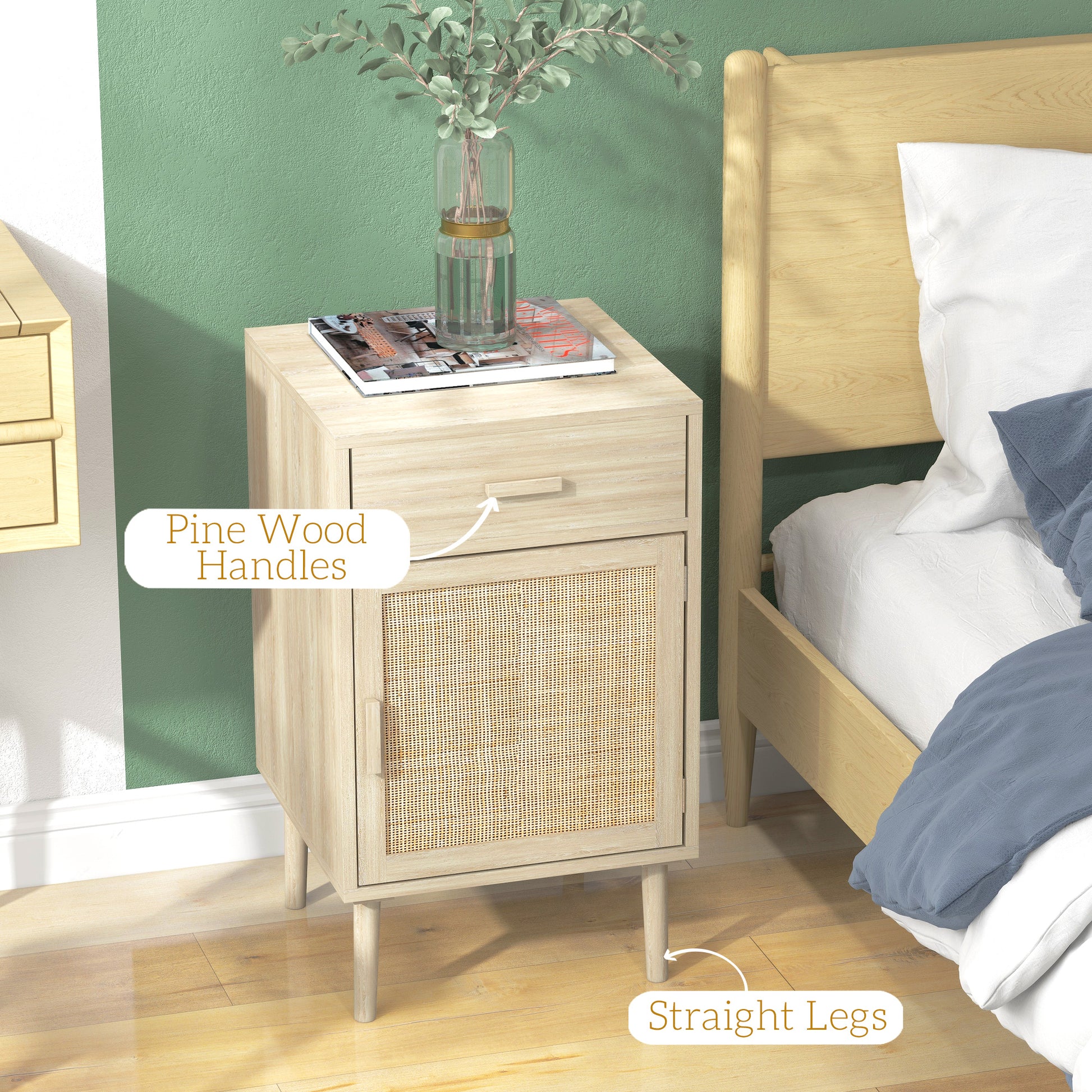 Boho Rattan Bedside Tables Set of 2 with Drawer, Adjustable Shelf, Oak Finish