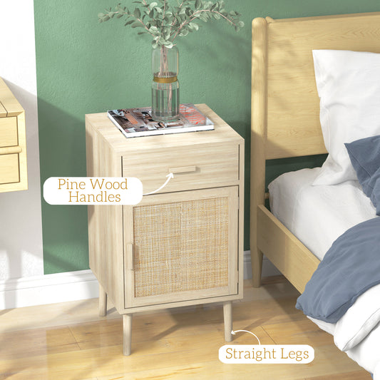 Boho Rattan Bedside Tables Set of 2 with Drawer, Adjustable Shelf, Oak Finish