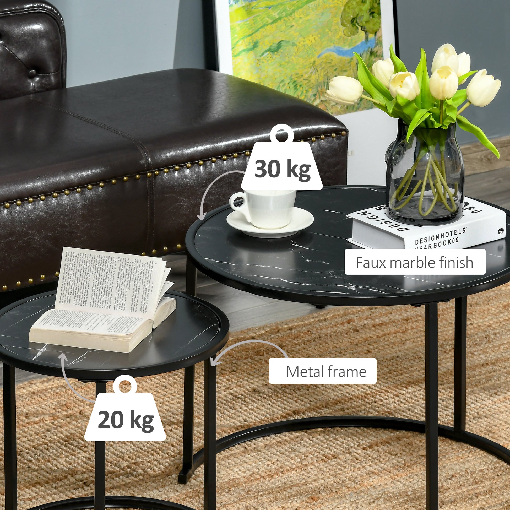 Modern Round Nesting Coffee Table Set, Faux Marble Top, Metal Frame, 2-Piece