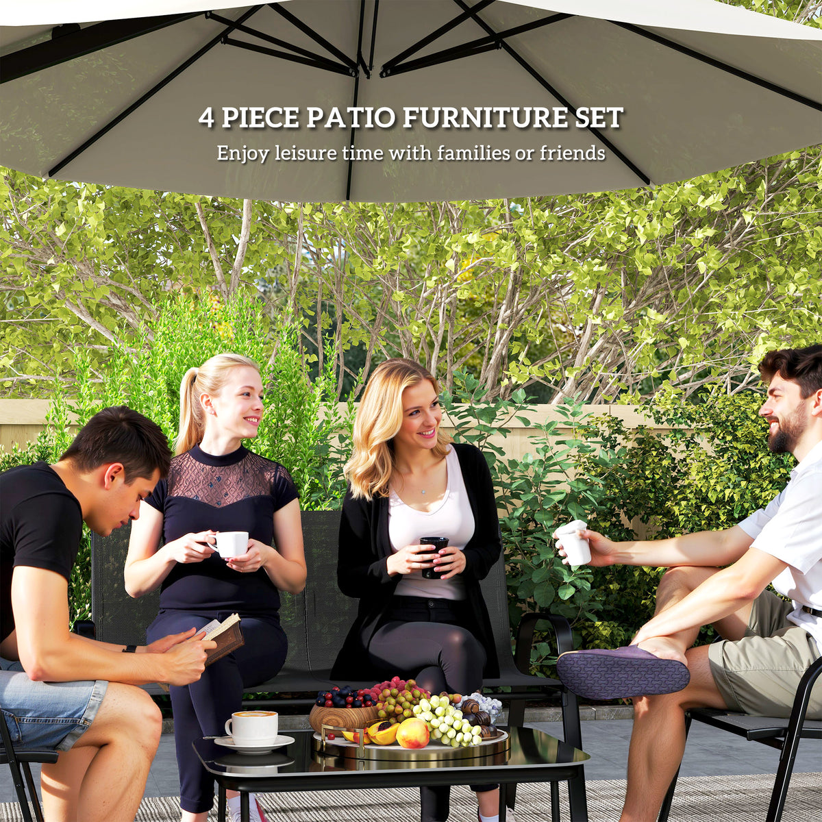 4 Pieces Outdoor Furniture Set with 2 Stackable Chairs, Loveseat, Patio Conversation Set with Glass Coffee Table