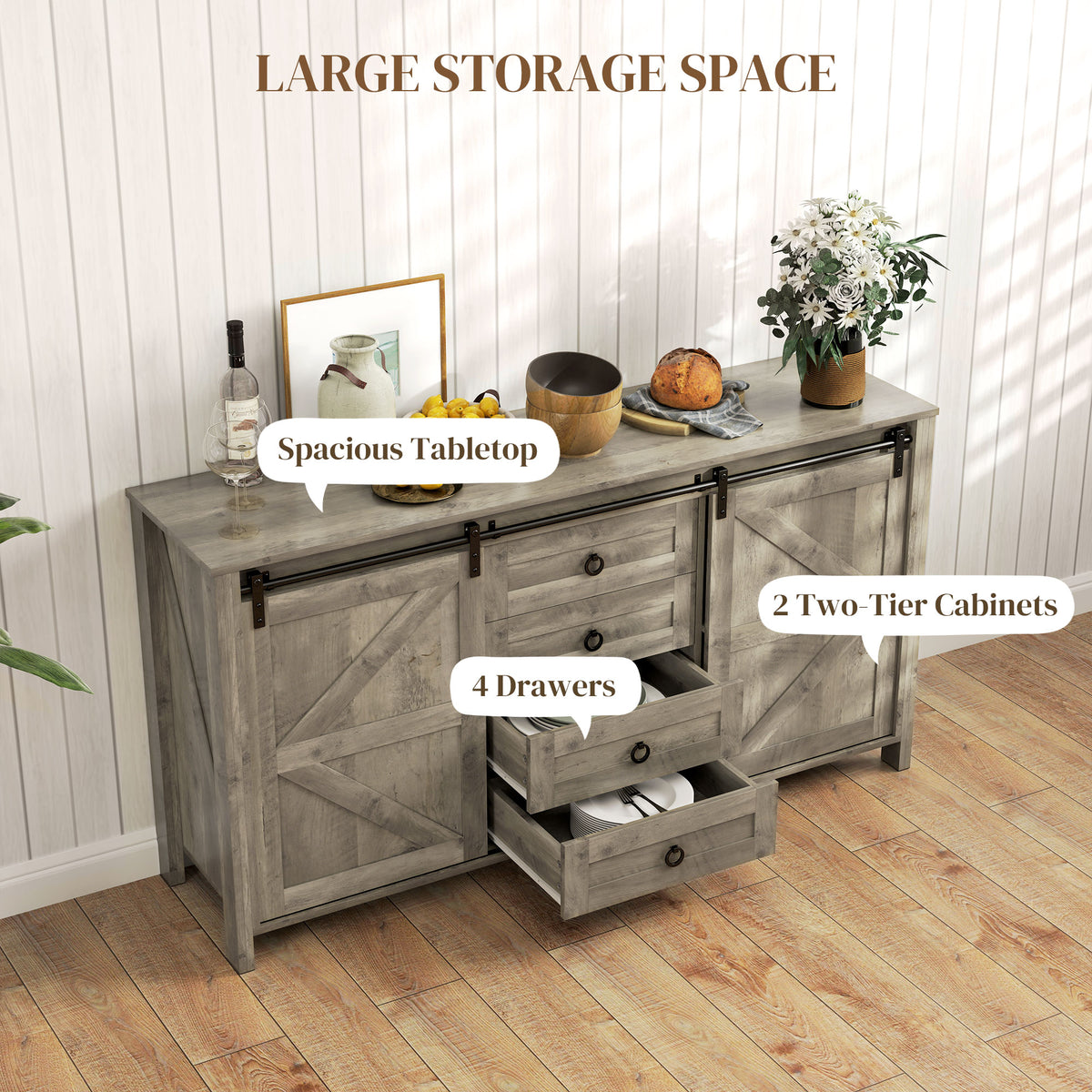 Farmhouse Sideboard with Sliding Barn Doors – 60"W x 31"H