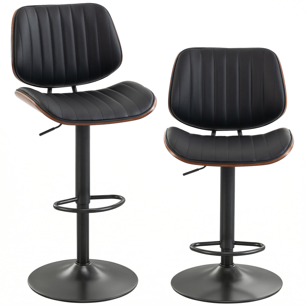 Bentwood-Back PU Leather Swivel Bar Stools, Adjustable, Set of 2, Black