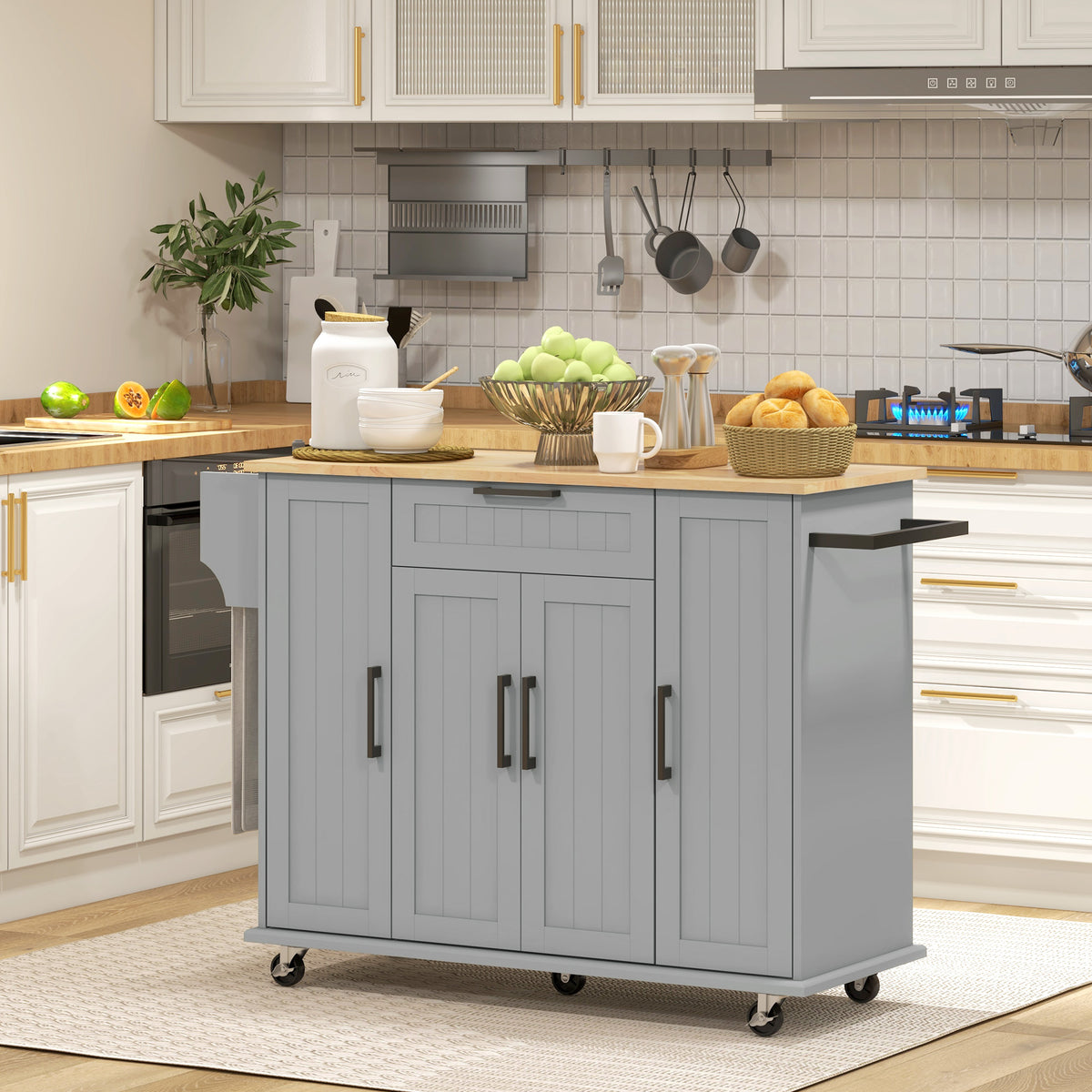 Modern Rolling Kitchen Island Cart with Drawers – 52"W x 36"H