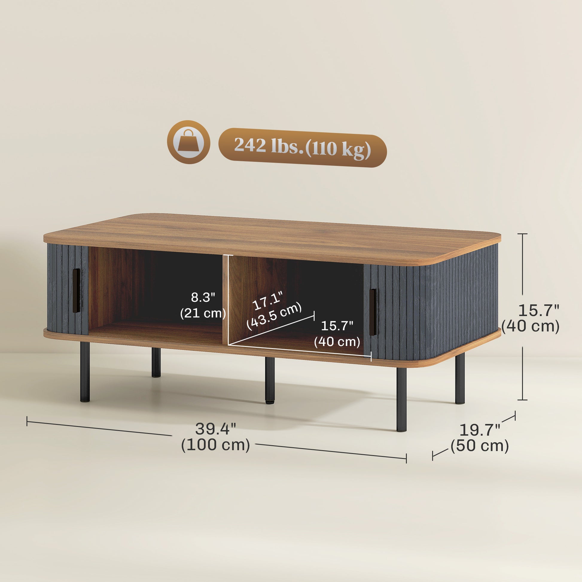 HOMCOM Nordic Side Table with Fluted Sliding Doors, Black