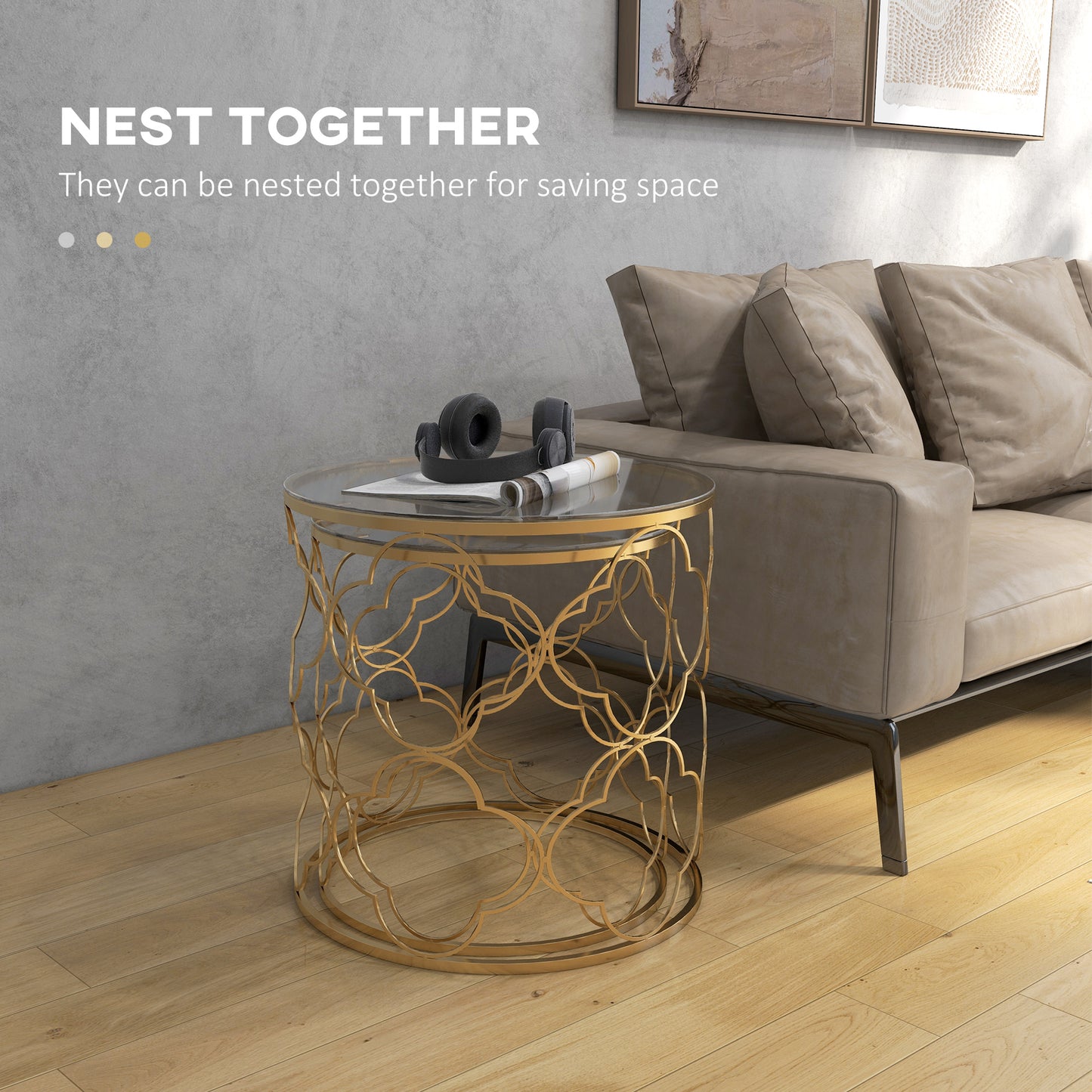 Elegant Gold Tempered Glass Nesting Coffee End Table Set (2 Pieces)