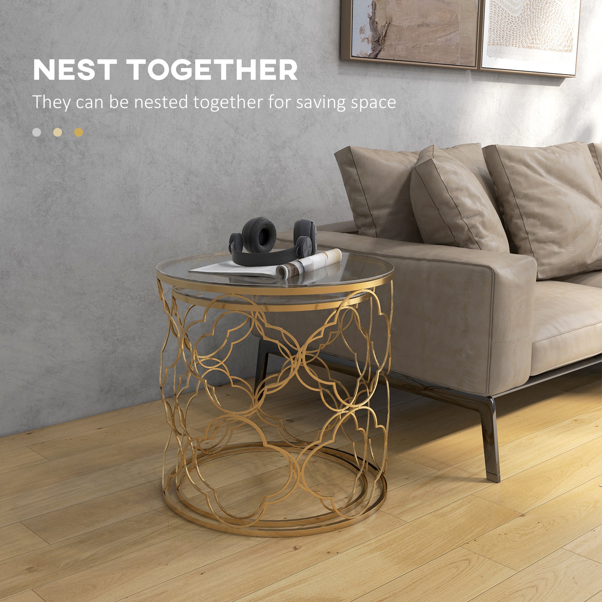 Elegant Gold Nesting Coffee End Table Set, 2 Round Tempered Glass Modern