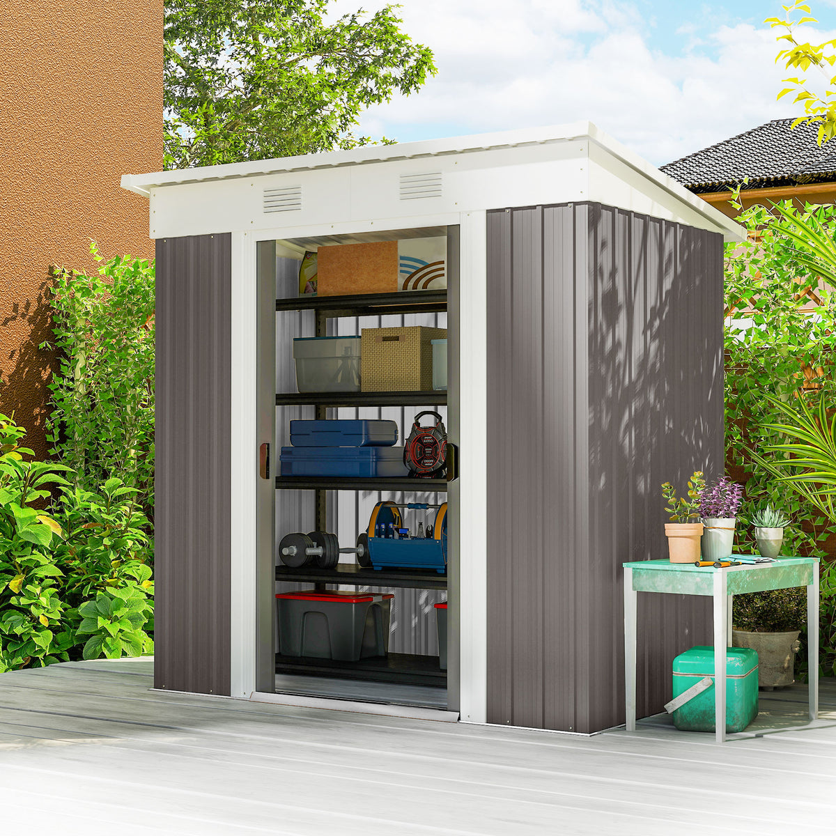 6' x 4' Outdoor Storage Shed, Metal Garden Shed with Lockable Sliding Doors and Vents – Light Grey